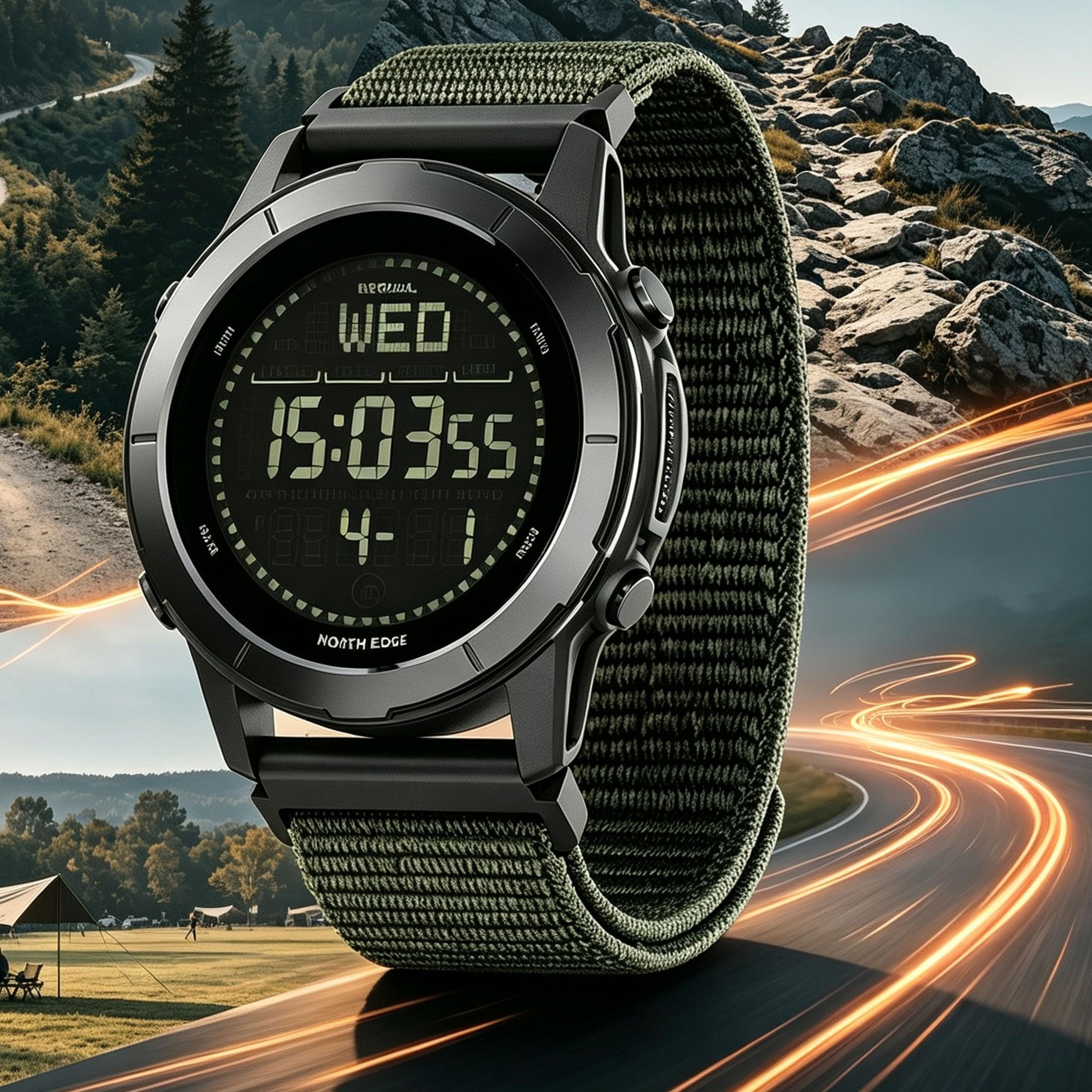 digital outdoor watch with compass pedometer and water resistance
