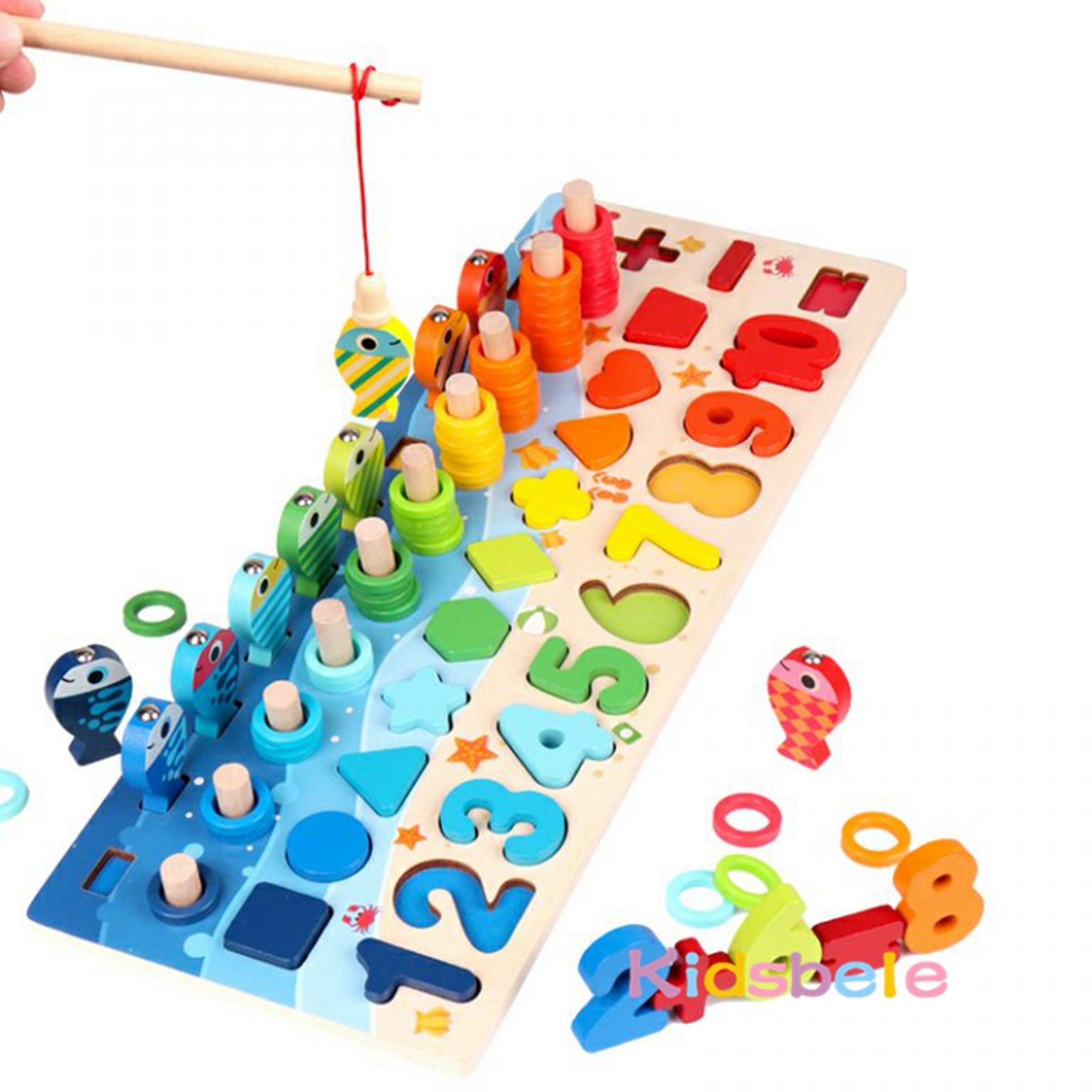 montessori math toy wooden puzzle with magnetic fishing game for toddlers