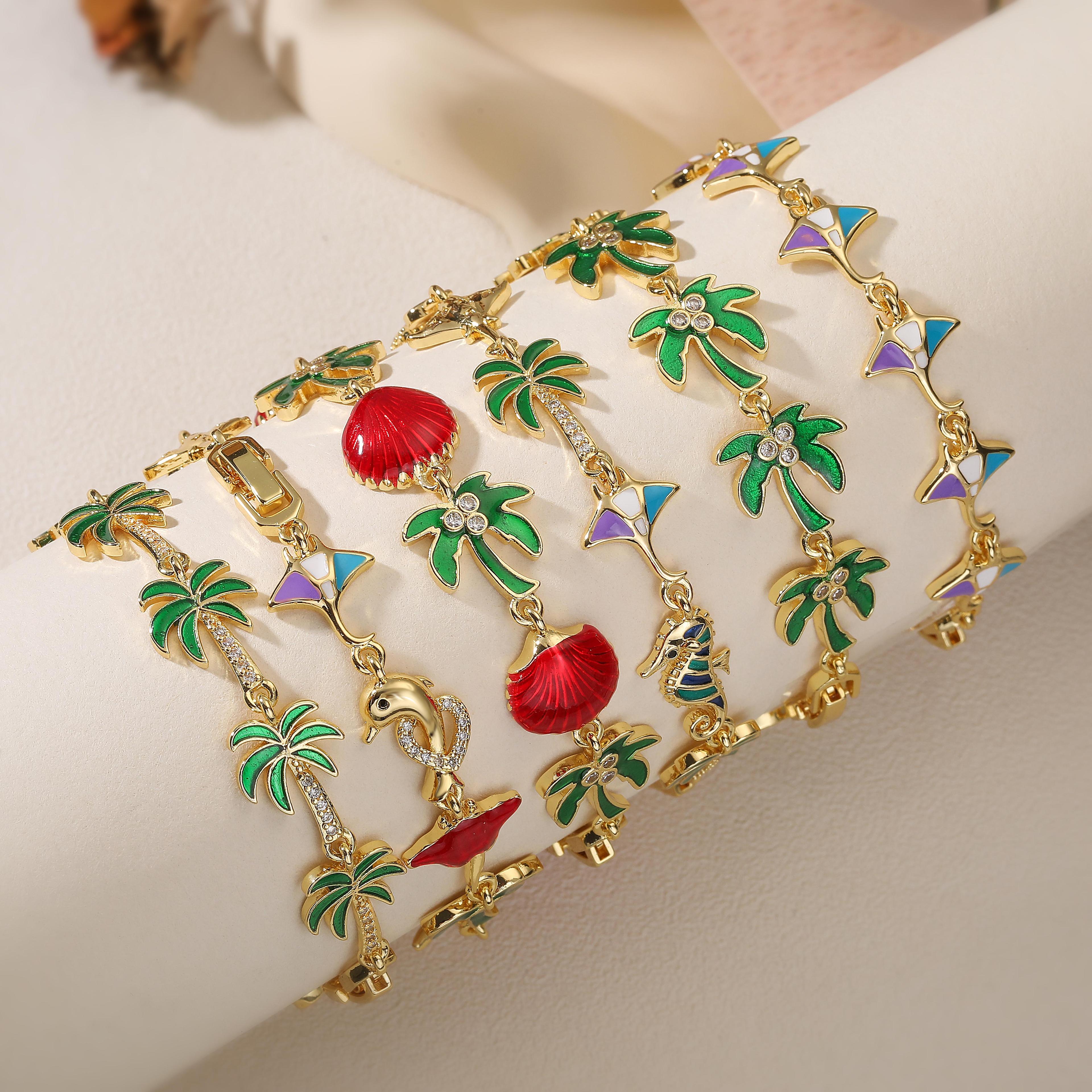 green enamel palm tree bracelet tropical charm chain for women