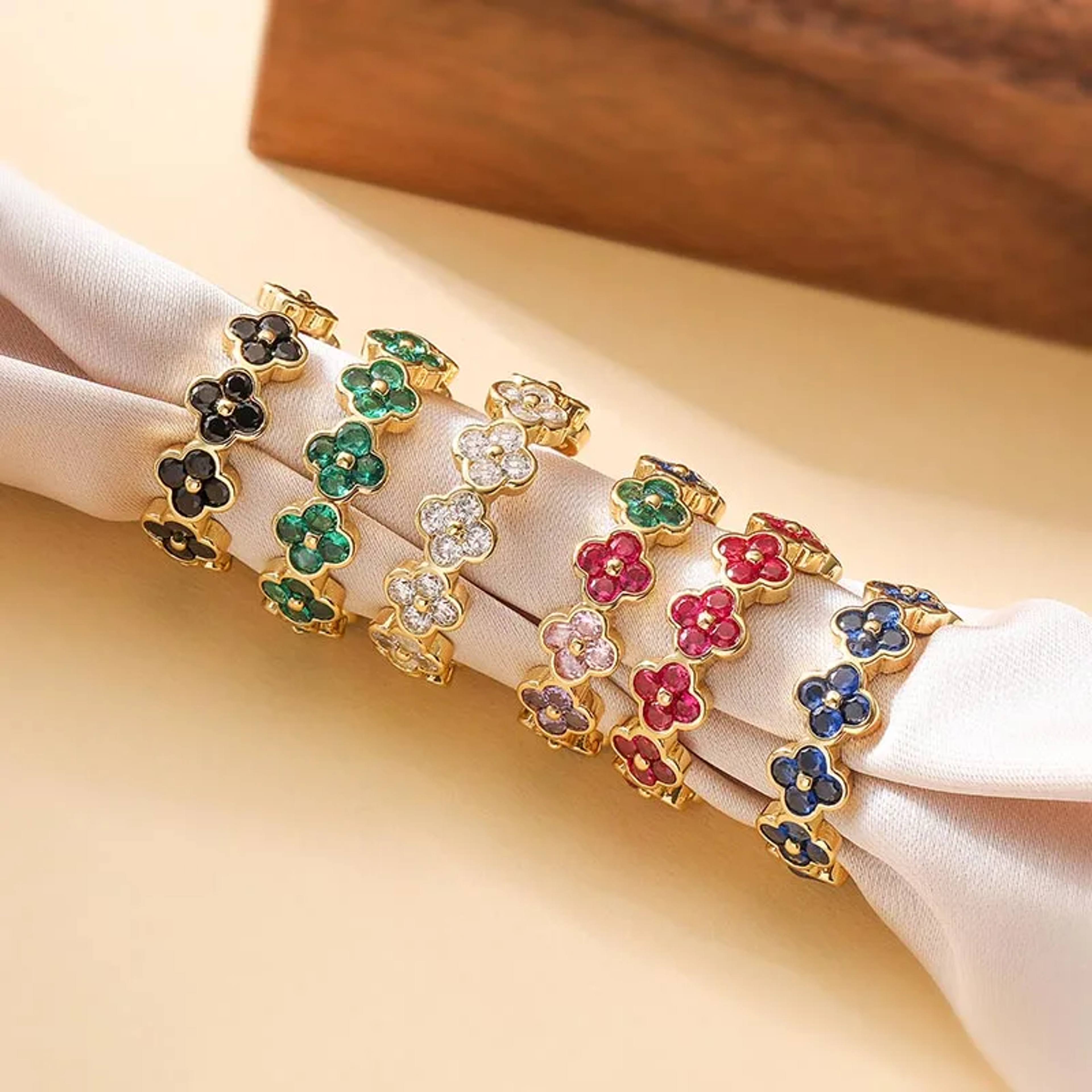 gold plated adjustable flower ring with cz zirconia for women