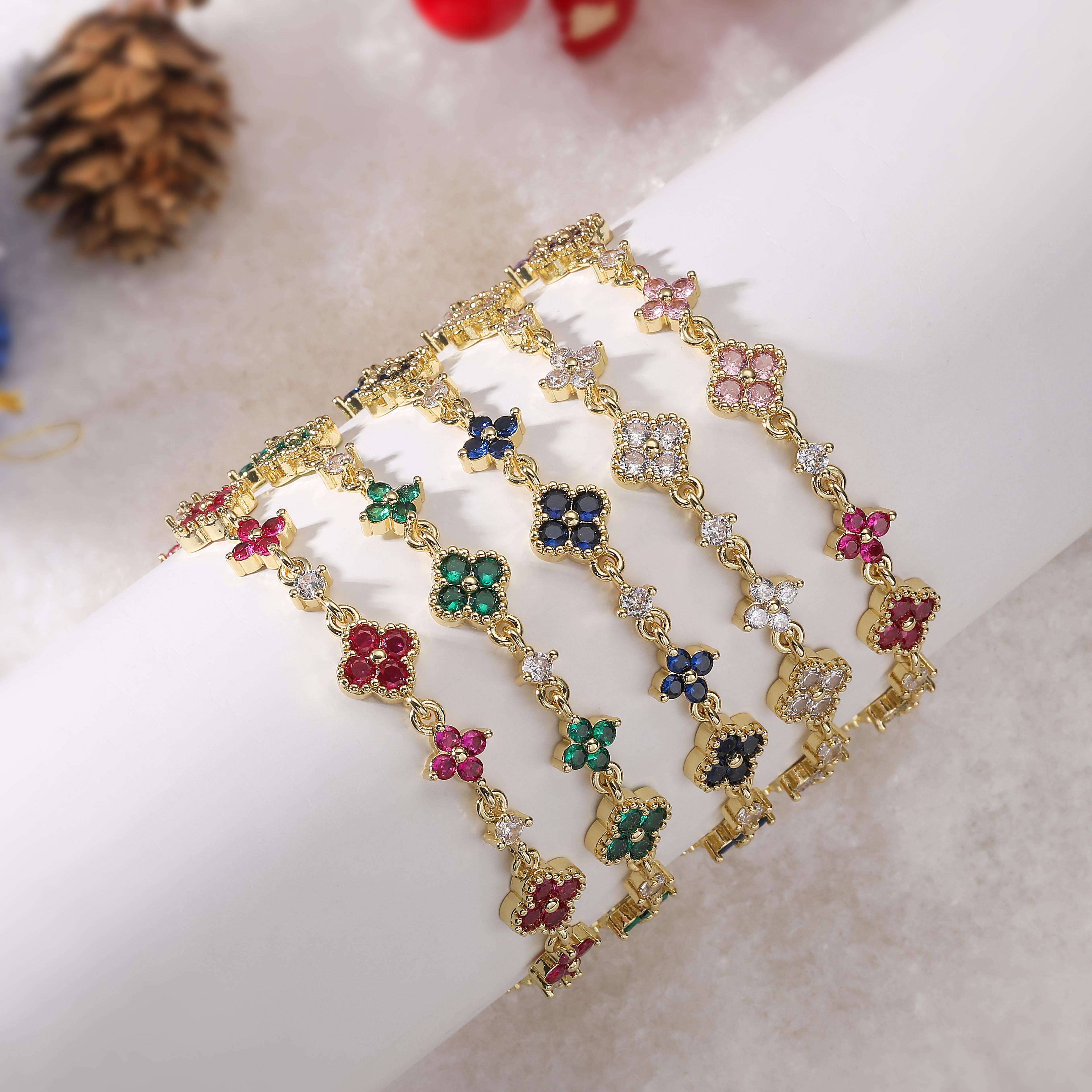 multicolor four leaf clover bracelet for women with cz stones
