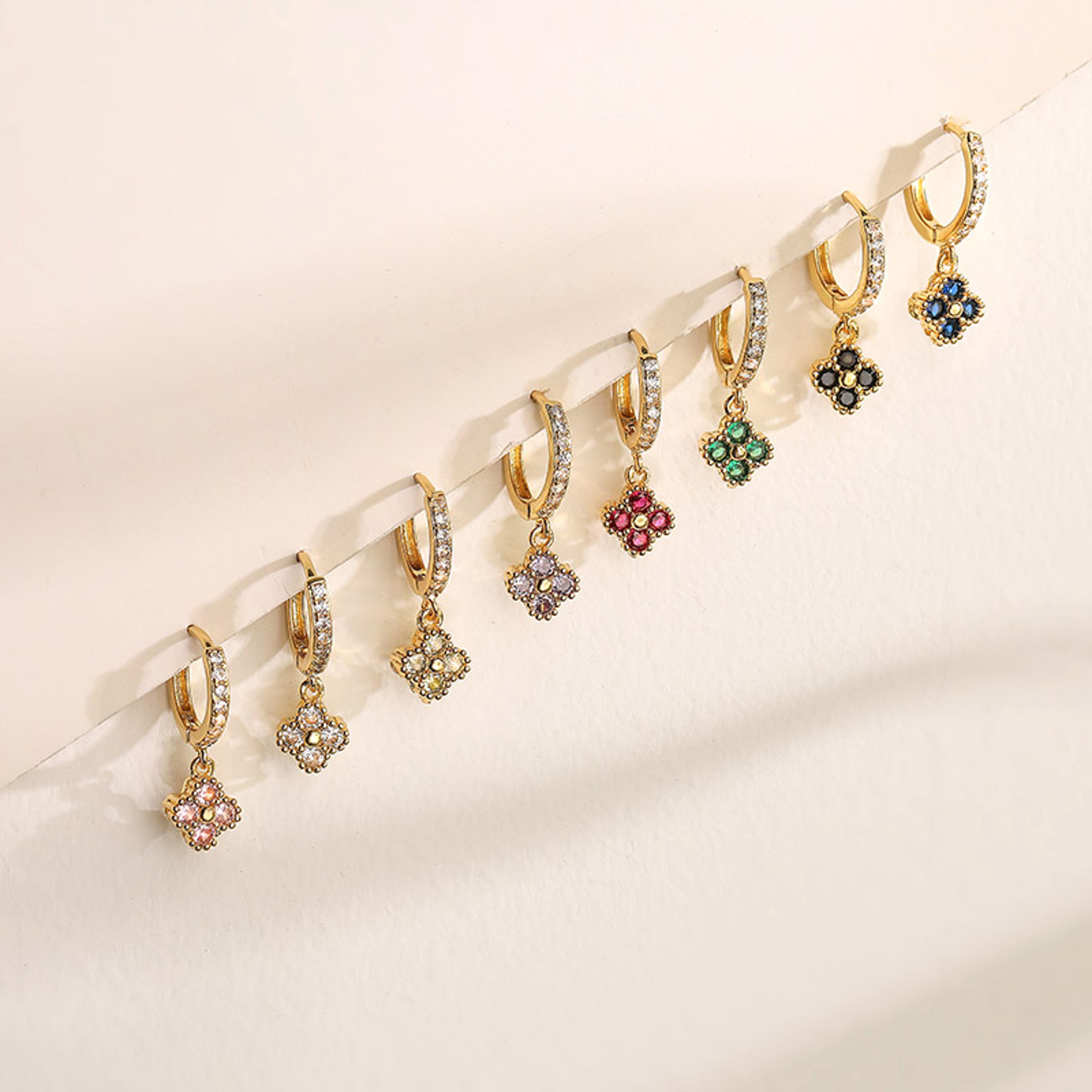 gold plated huggie hoop earrings with crystal zirconia flower dangle