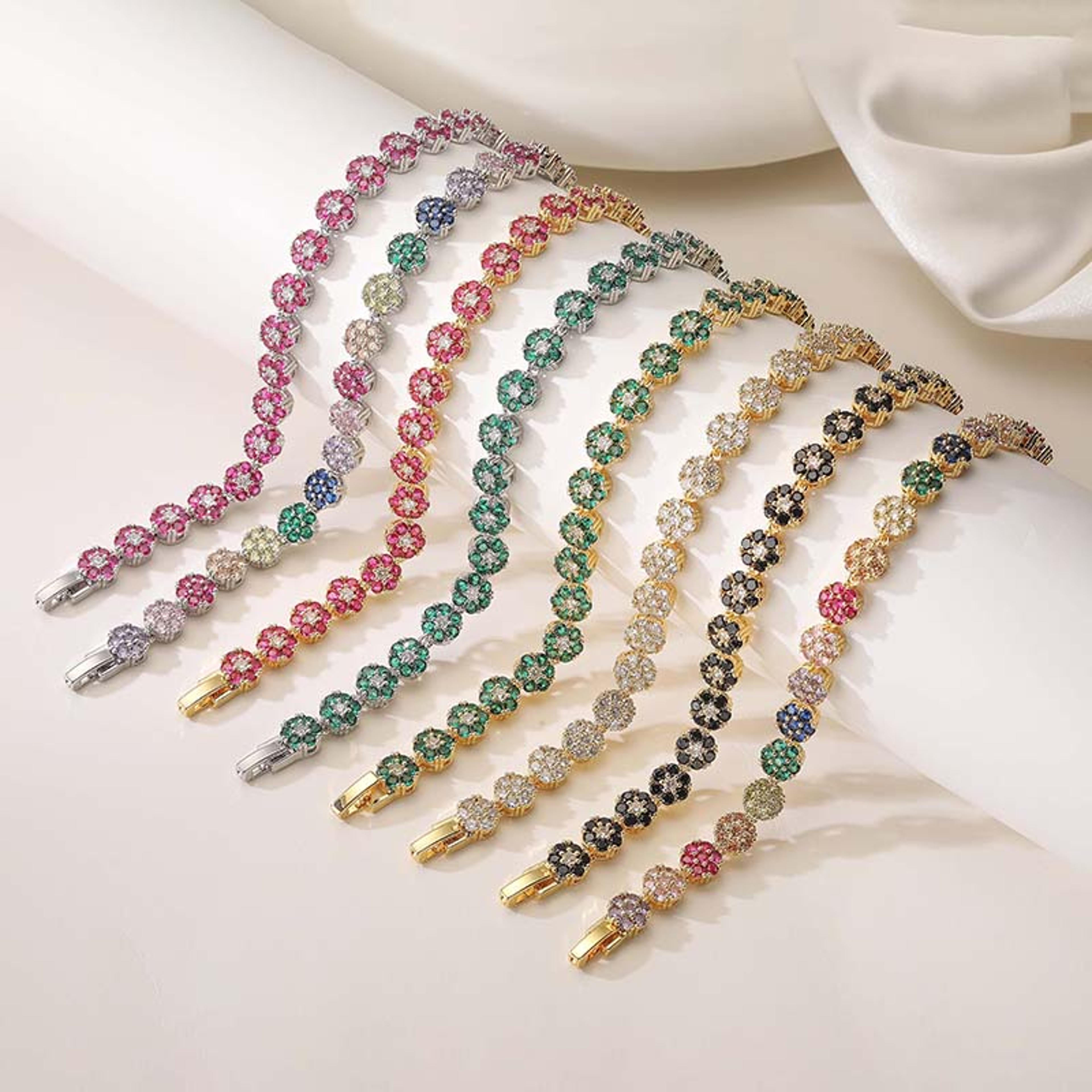 colorful zircon flower jewelry set gold plated necklace and bracelet for women
