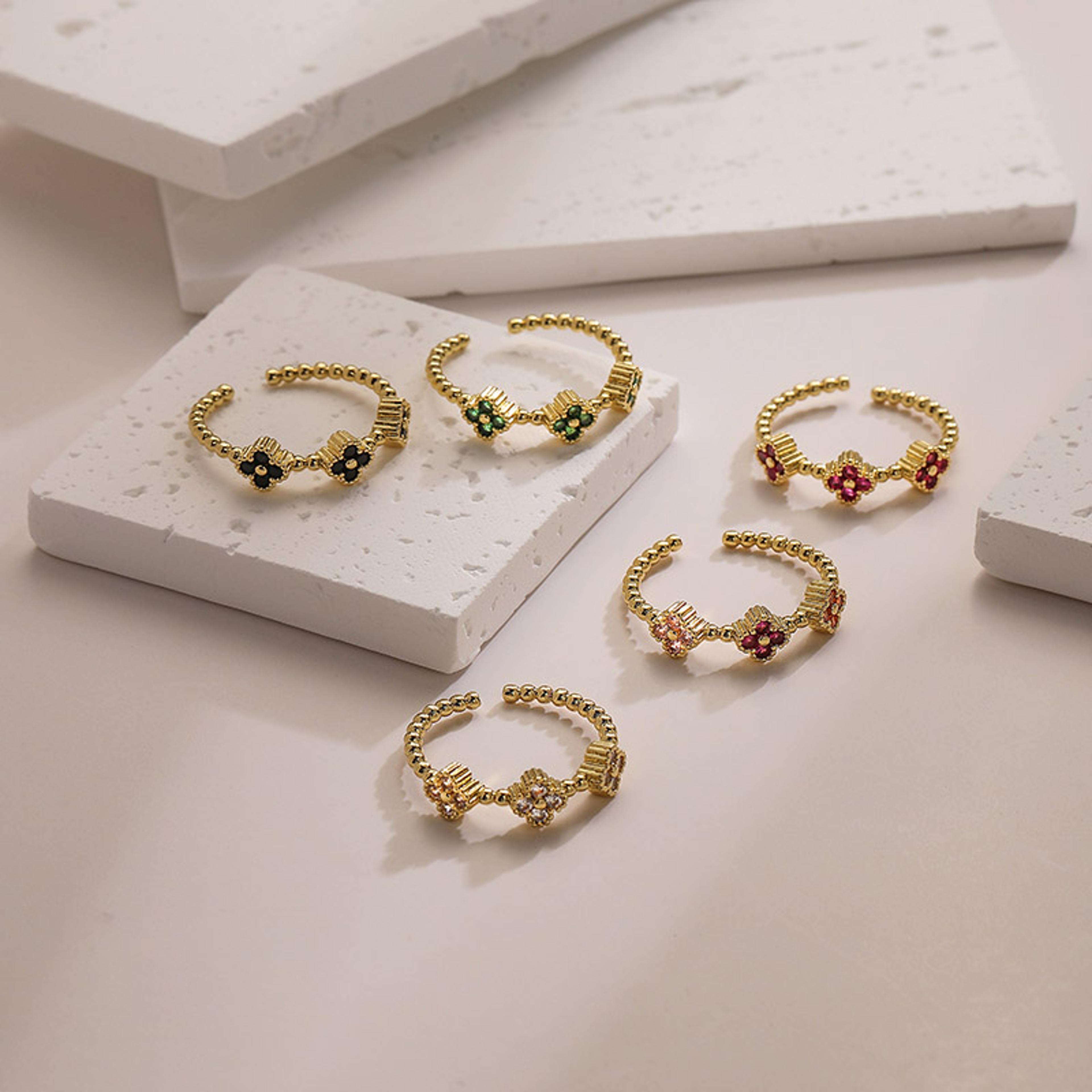 gold plated adjustable flower ring with cz for women