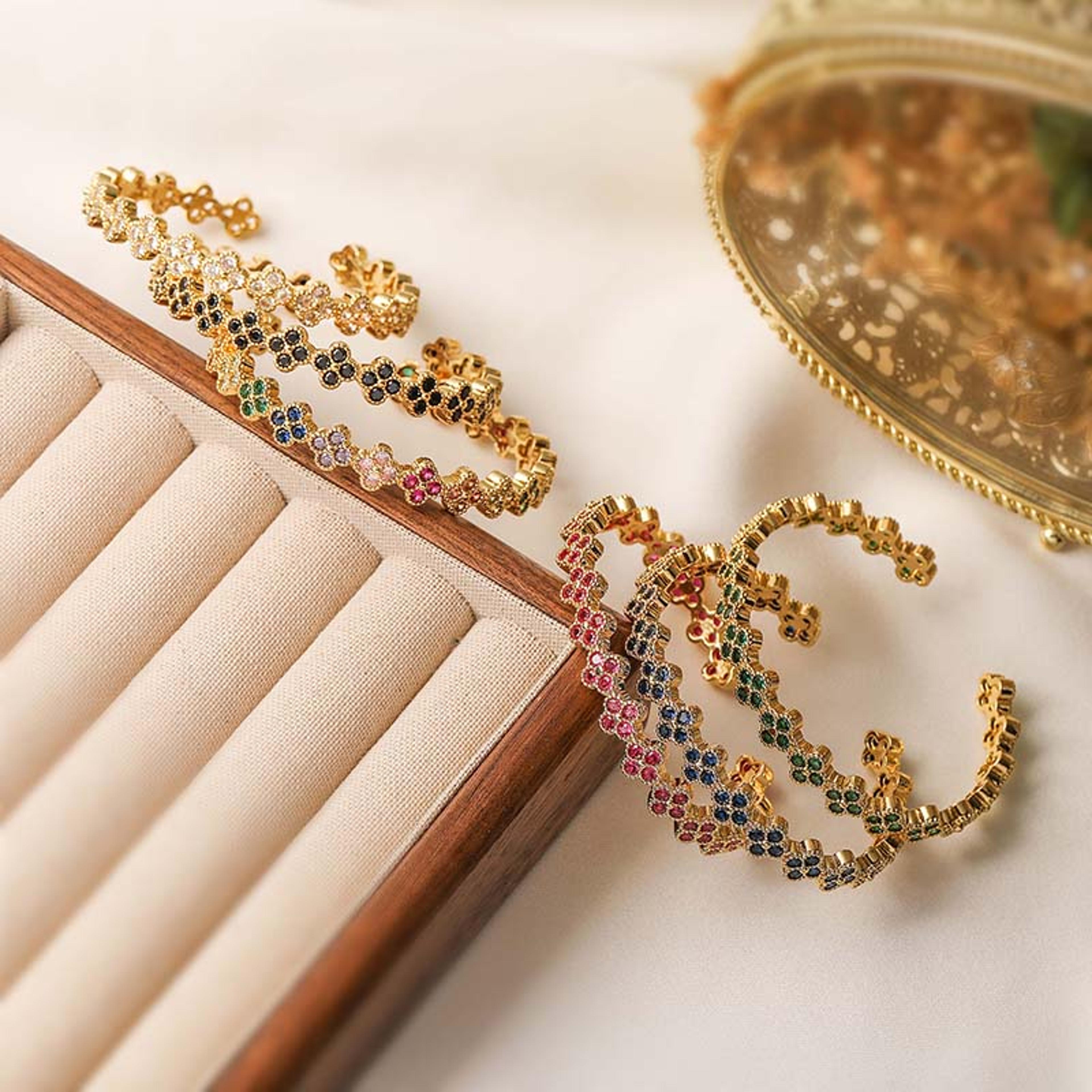 gold plated flower bracelet for women with colorful zirconia adjustable fit