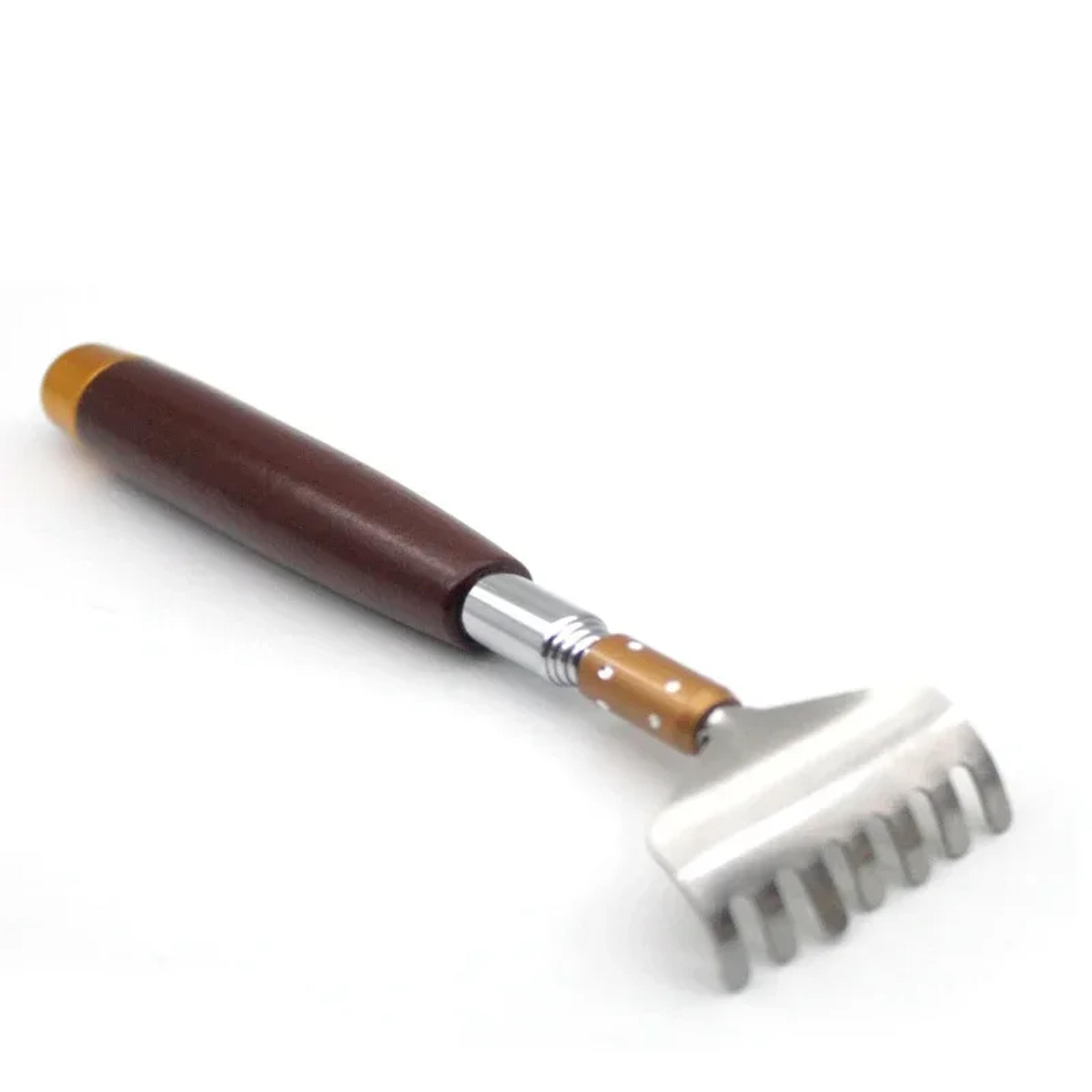 telescopic back scratcher with wooden handle wide metal claw and massage roller