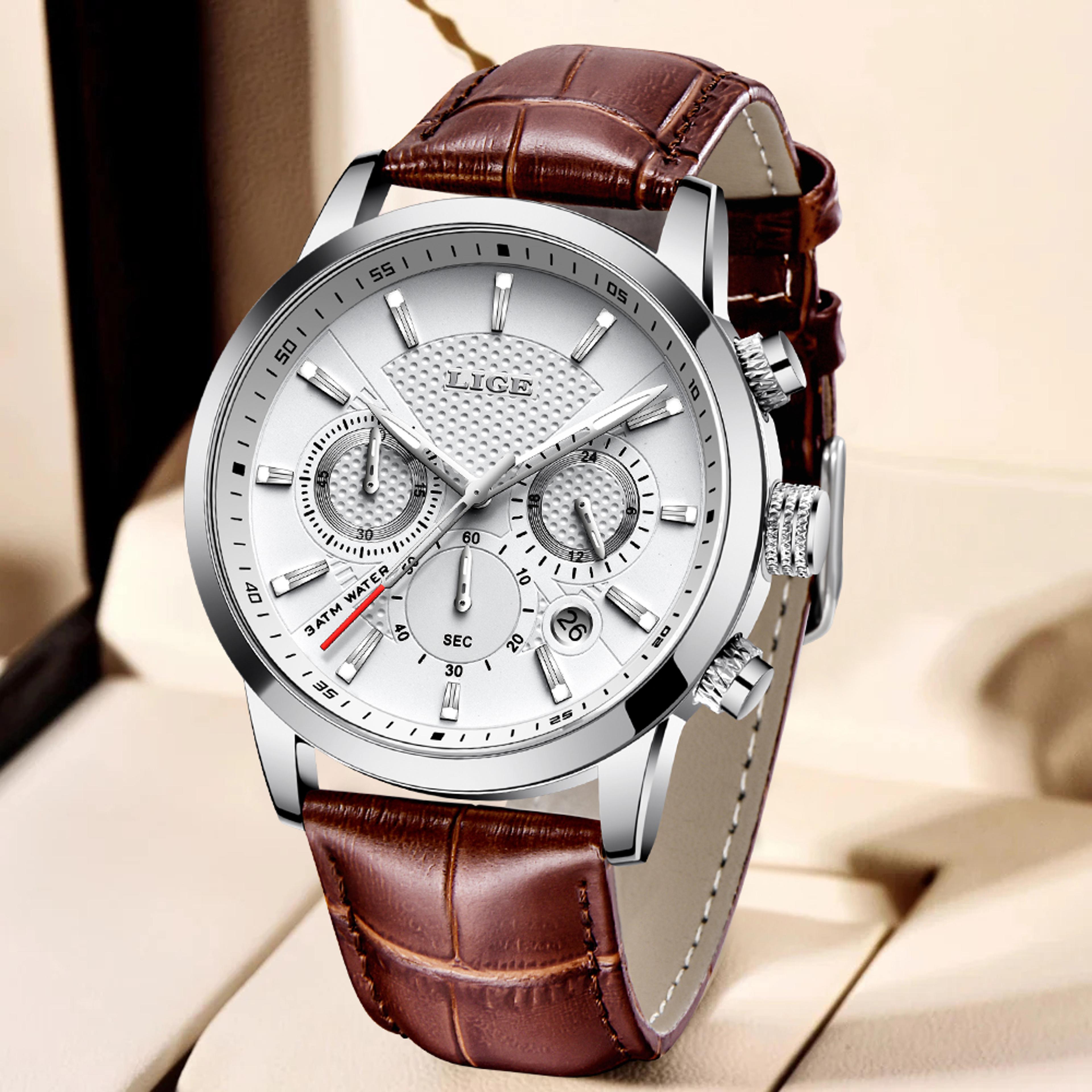 mens chronograph watch waterproof quartz leather business watch