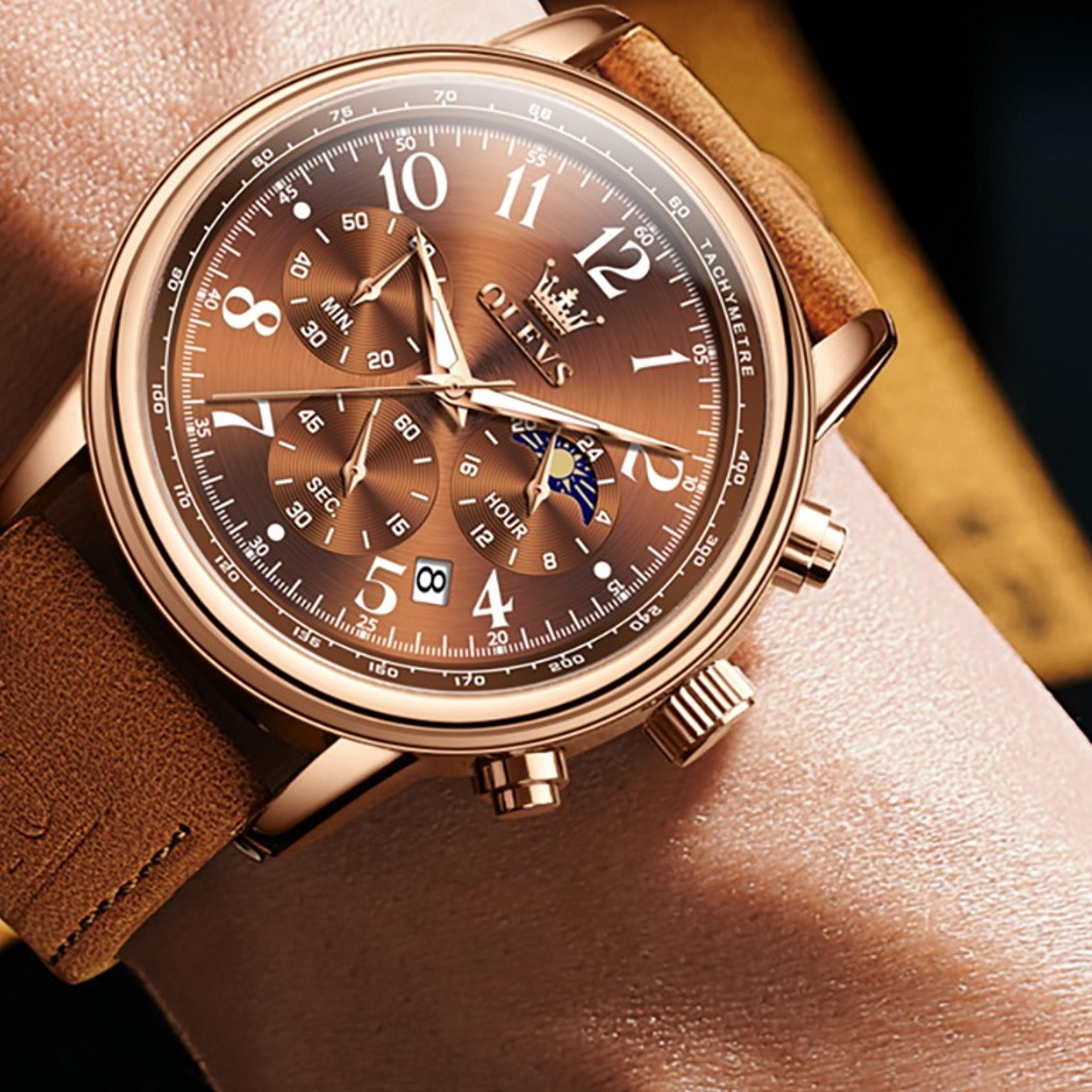 mens chronograph watch with moon phase, luminous dial and leather strap