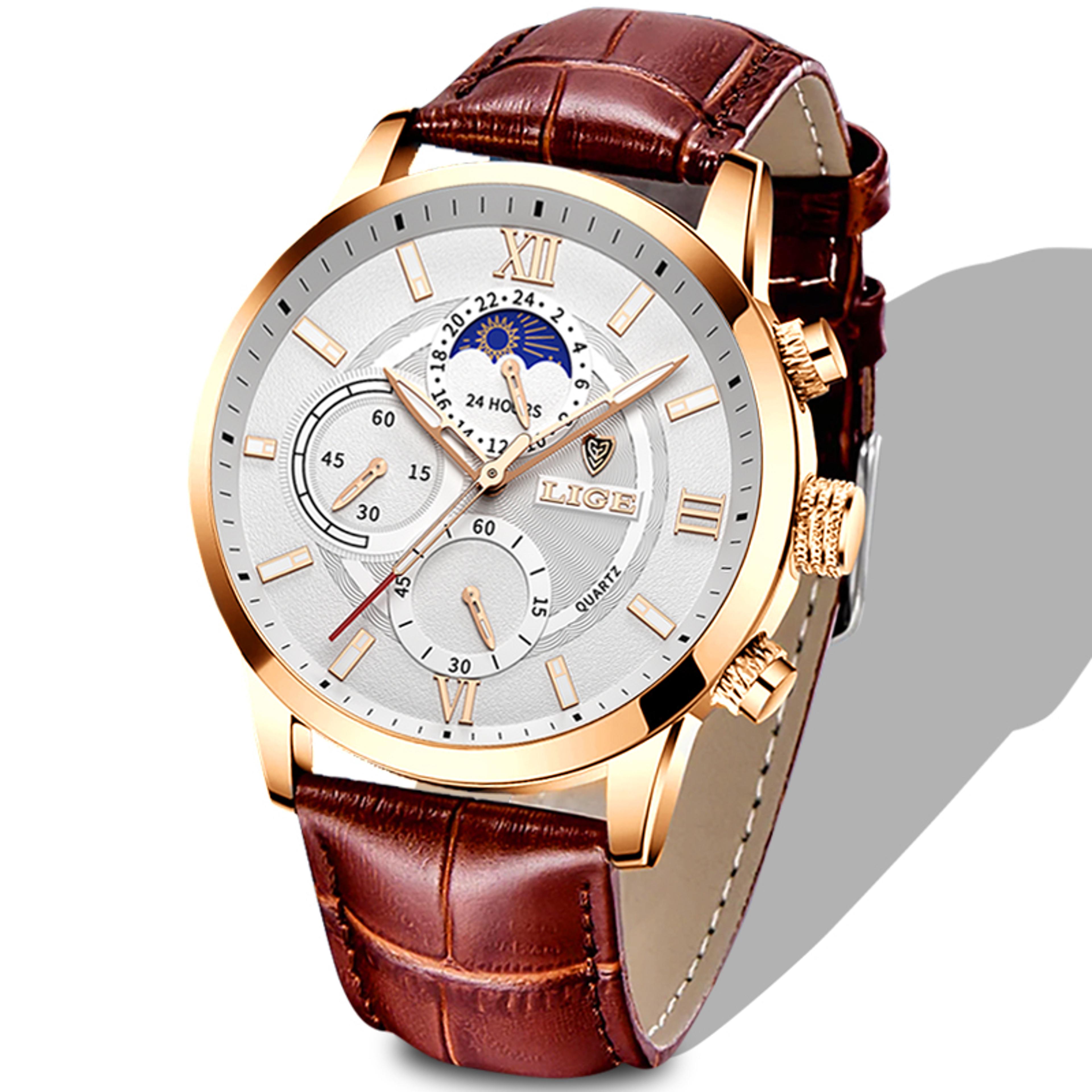 luxury mens chronograph watch with moon phase and leather strap