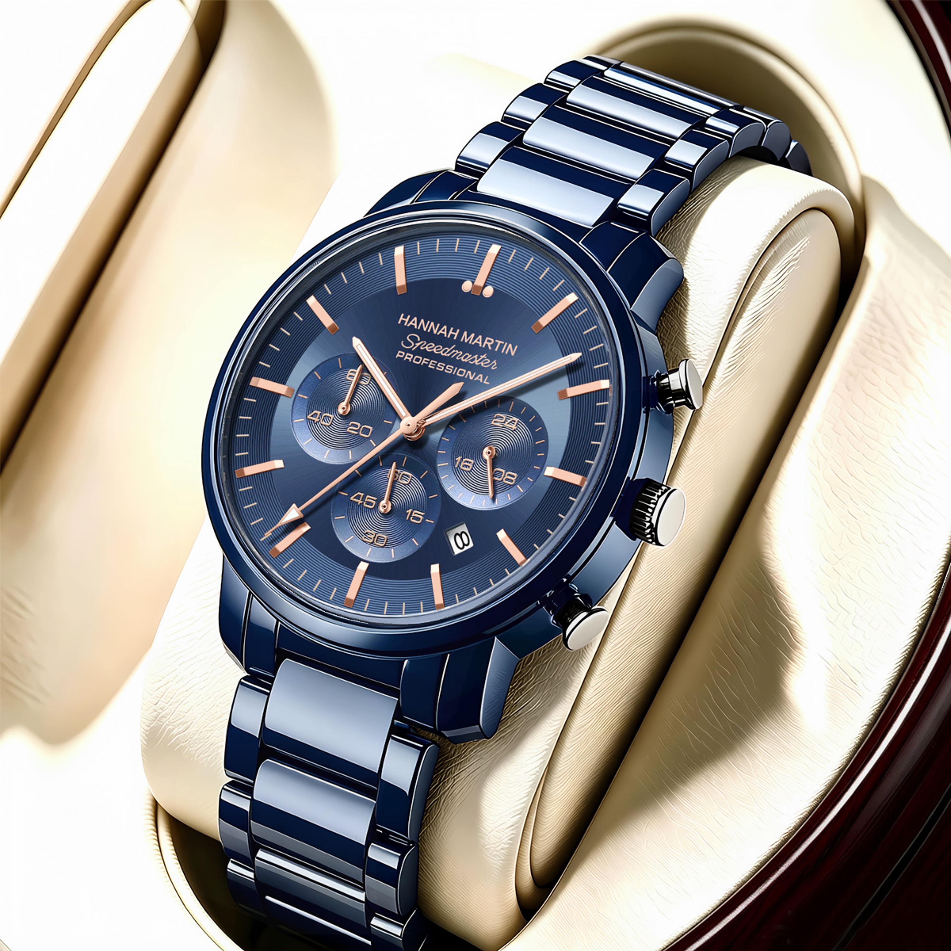 mens chronograph watch blue stainless steel quartz watch