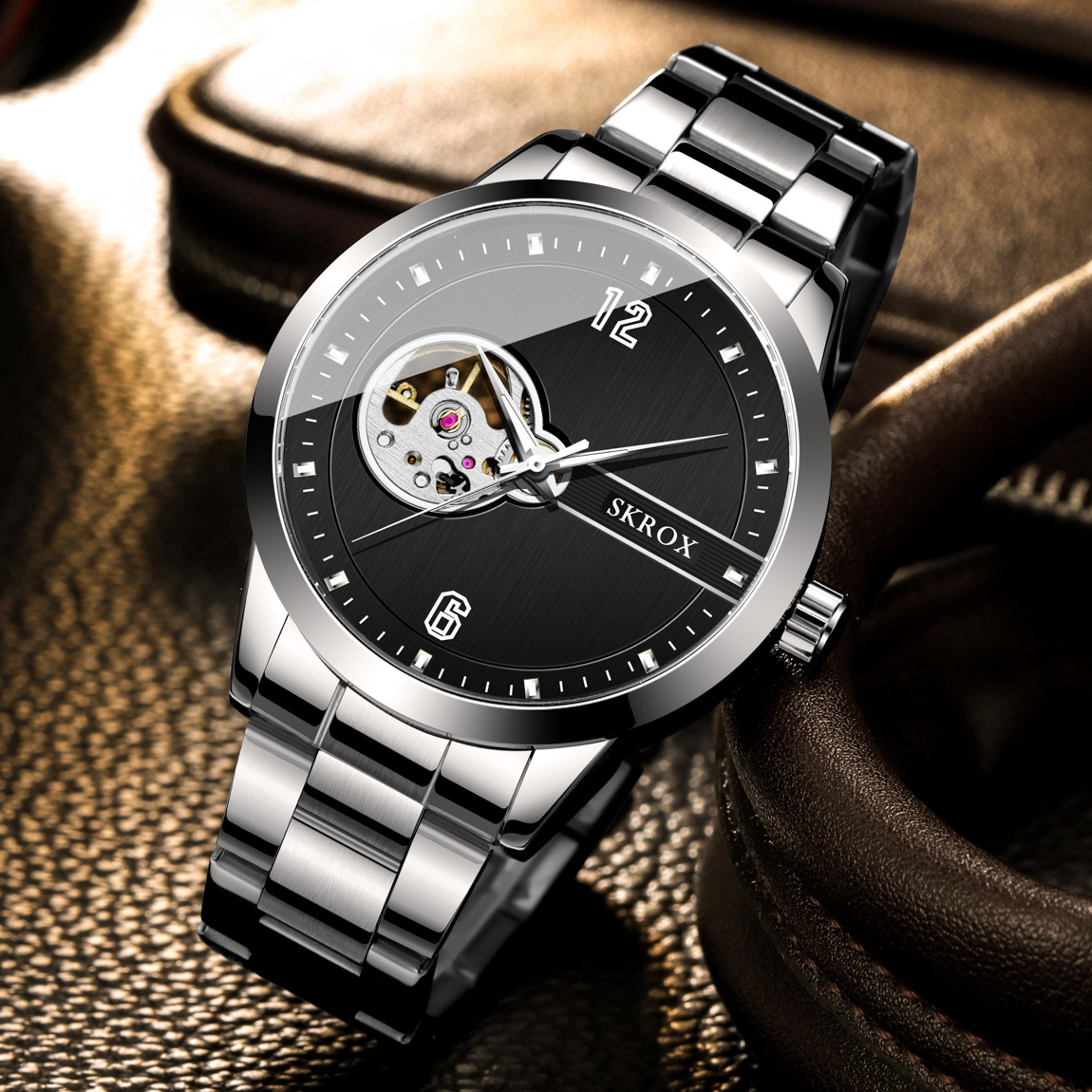 luxury skeleton automatic watch for men stainless steel mechanical timepiece