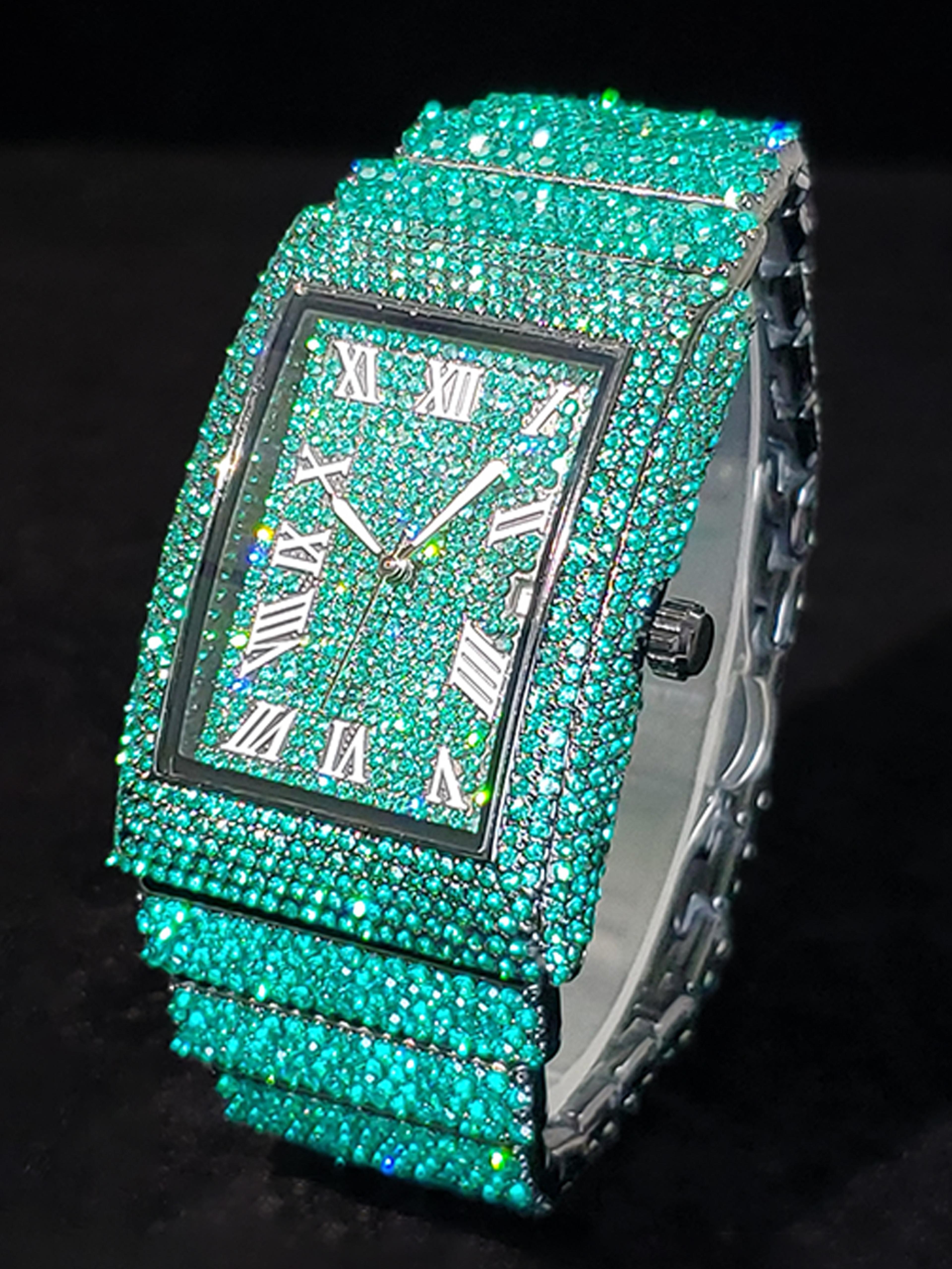 green diamond rectangular hip hop quartz watch for men