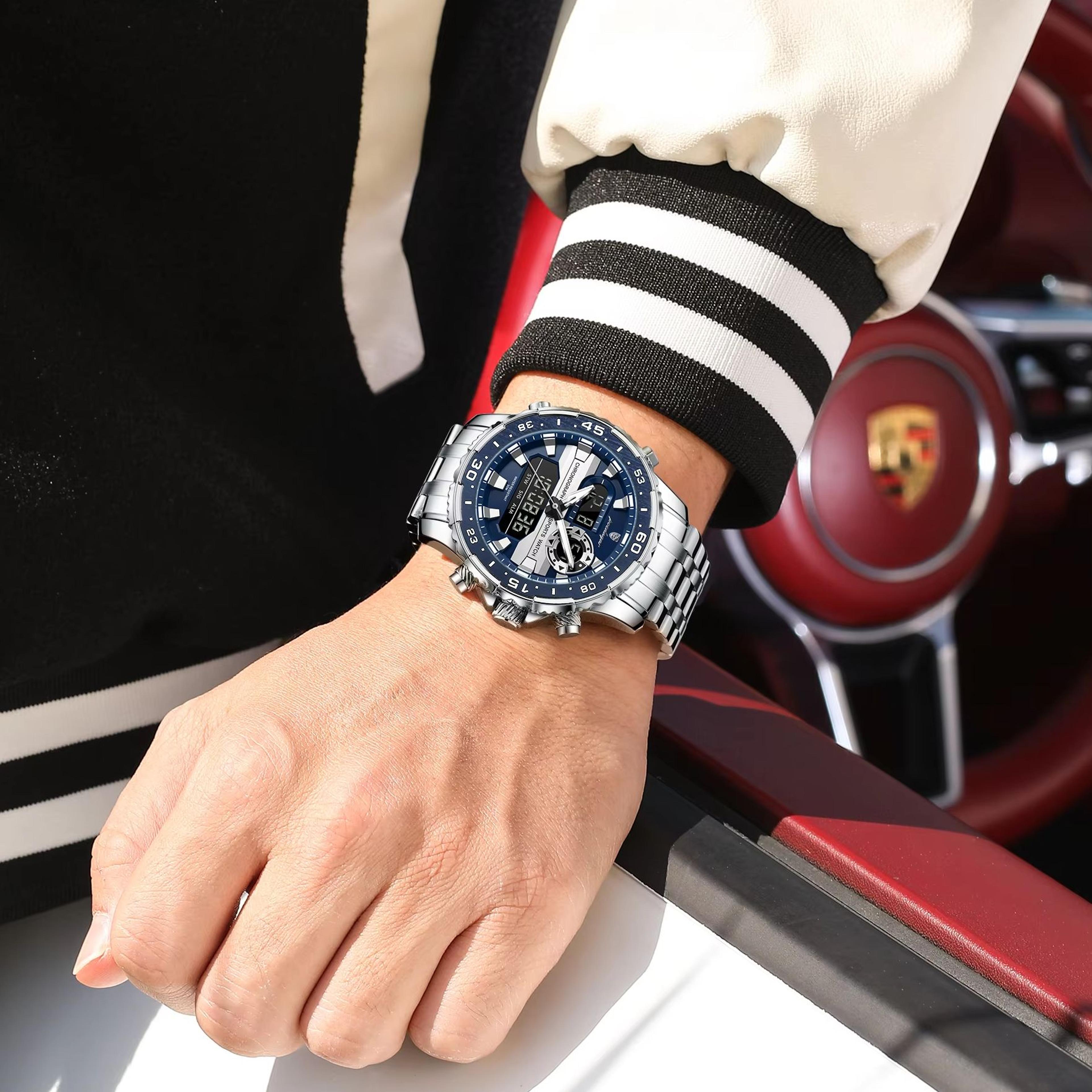 luxury dual display mens watch waterproof led digital quartz stainless steel watch