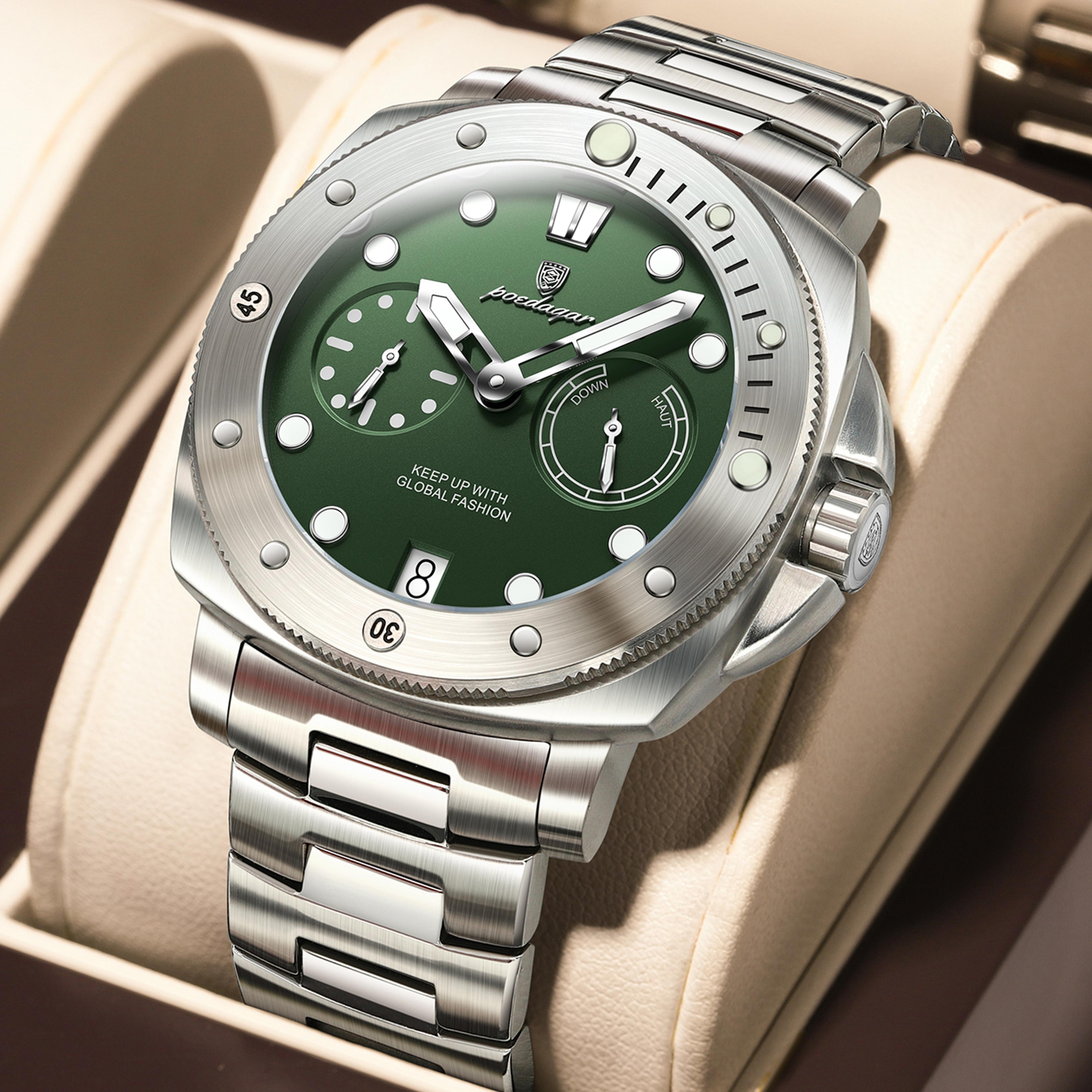 luxury mens quartz watch with luminous display date and stainless steel bracelet