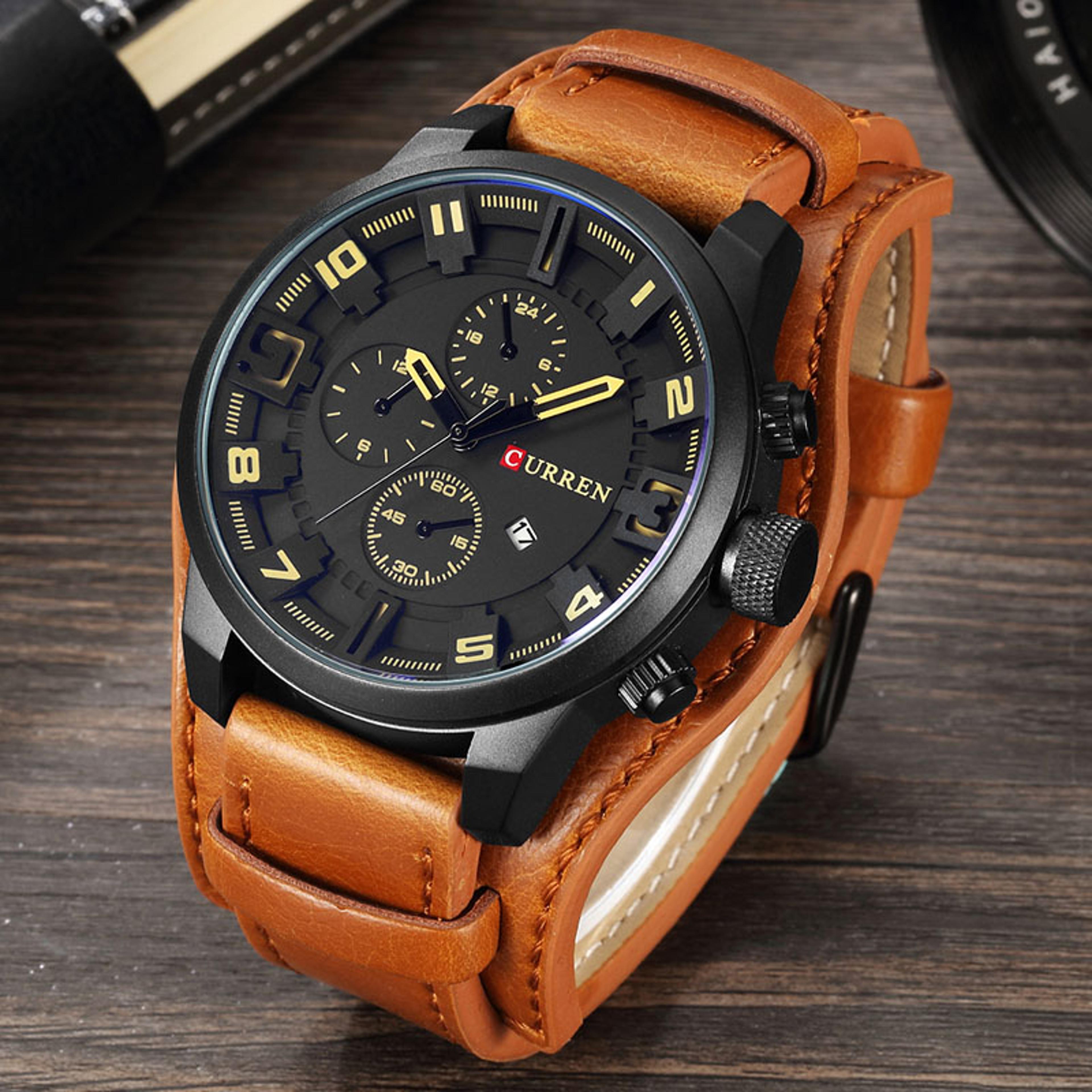 mens quartz watch with leather strap watch design and date display