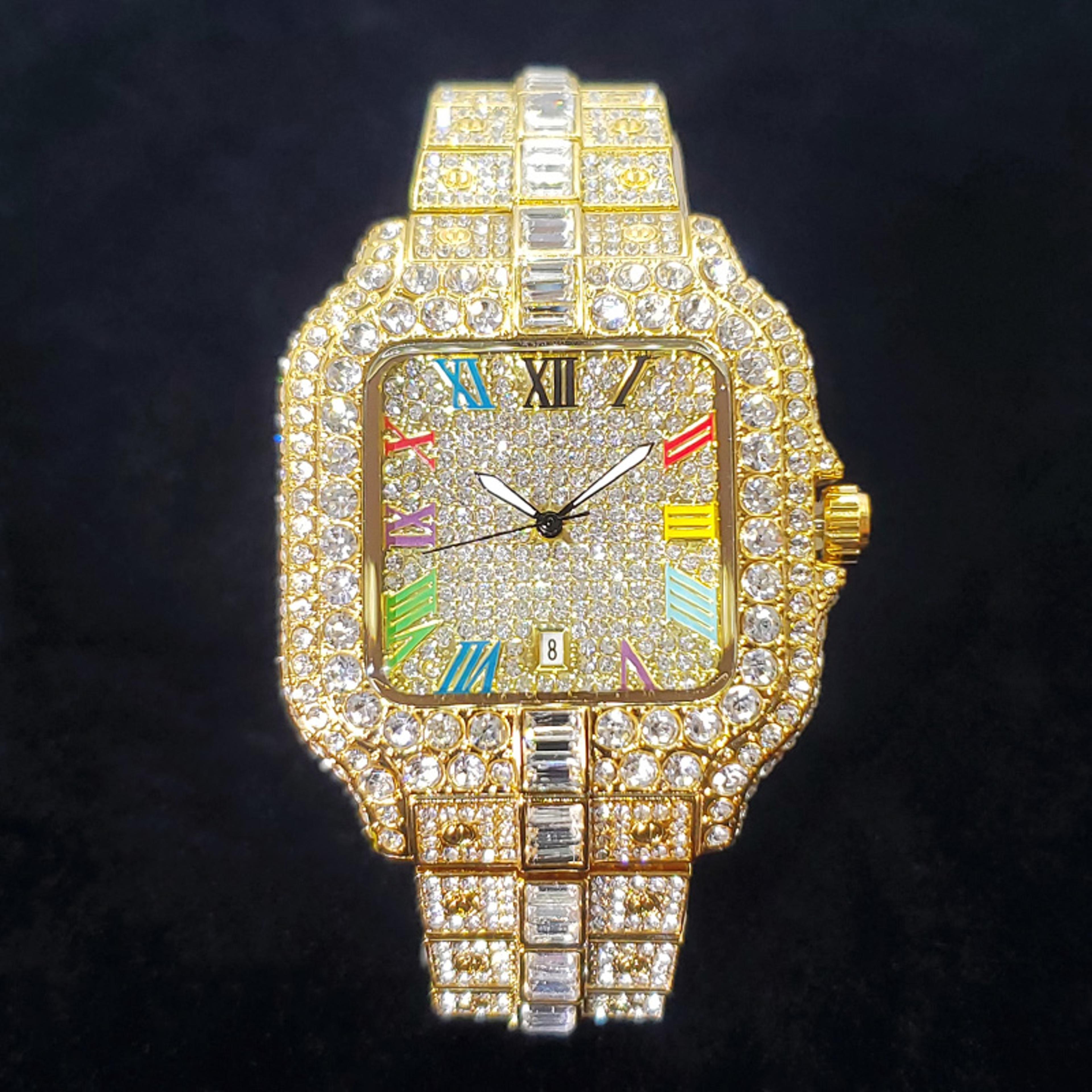 mens iced out diamond watch stainless steel waterproof quartz watch