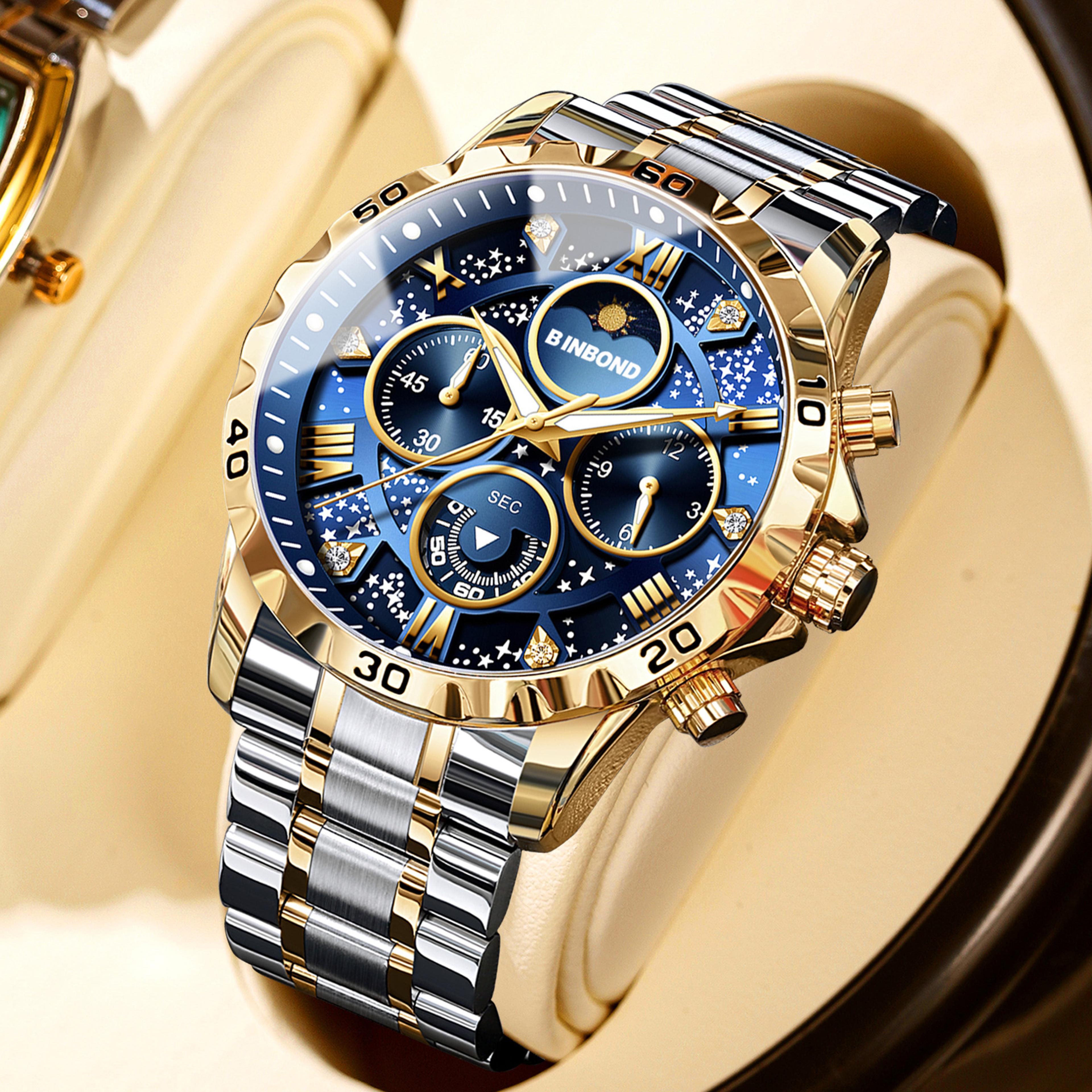 mens quartz watch with luminous dial and steel bracelet