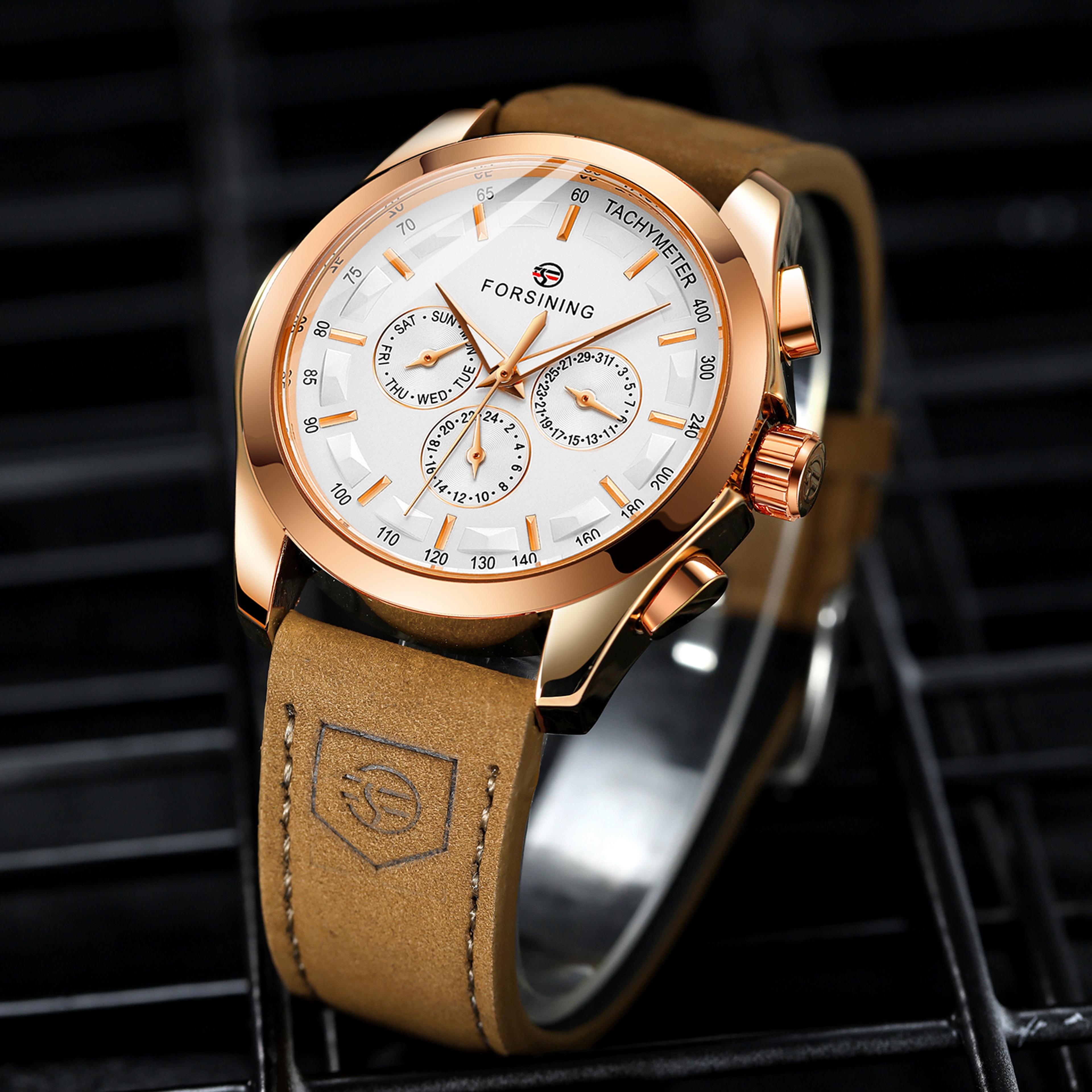 luxury gold automatic mechanical watch for men with genuine leather strap