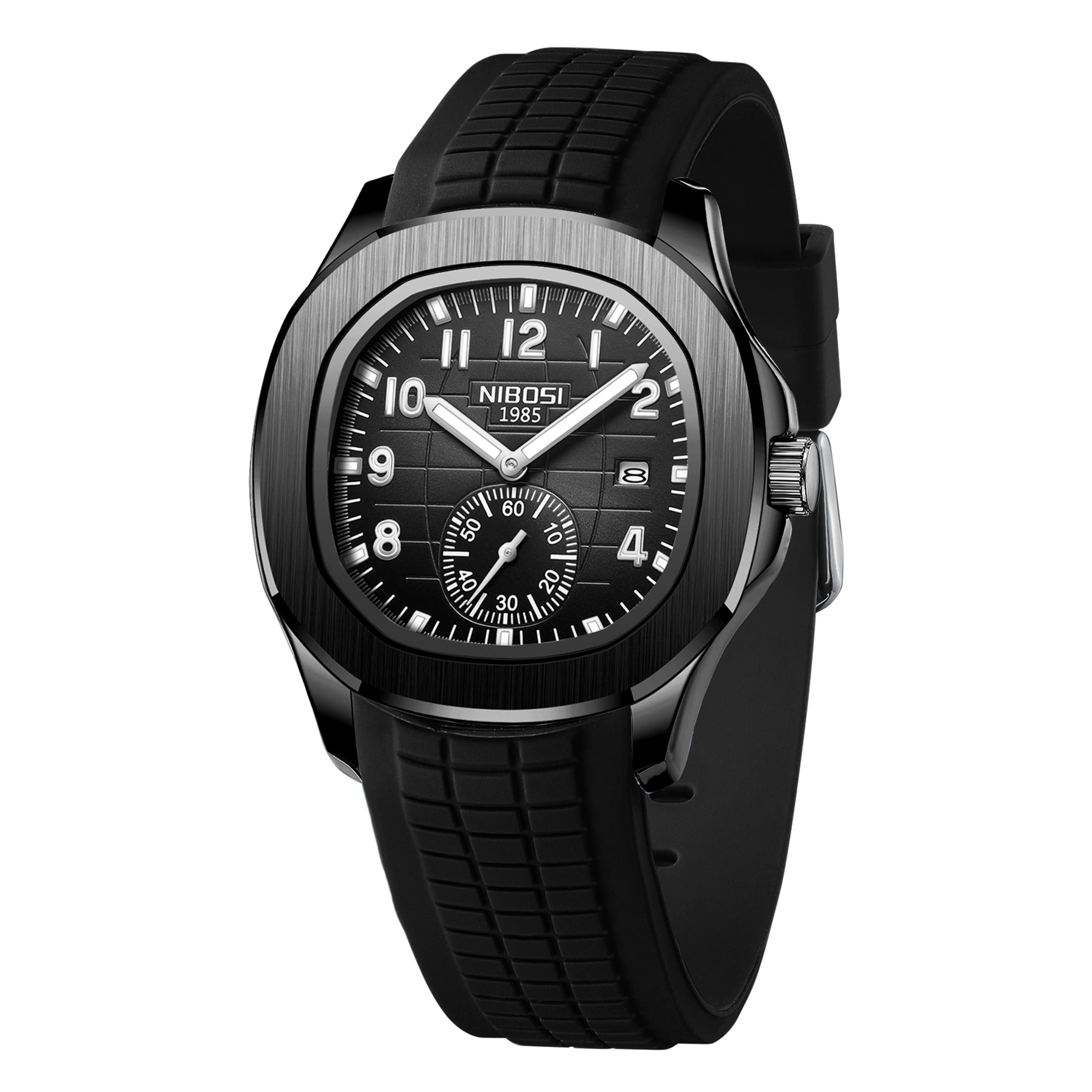 mens military watch waterproof analog quartz watch with calendar and black silicone strap