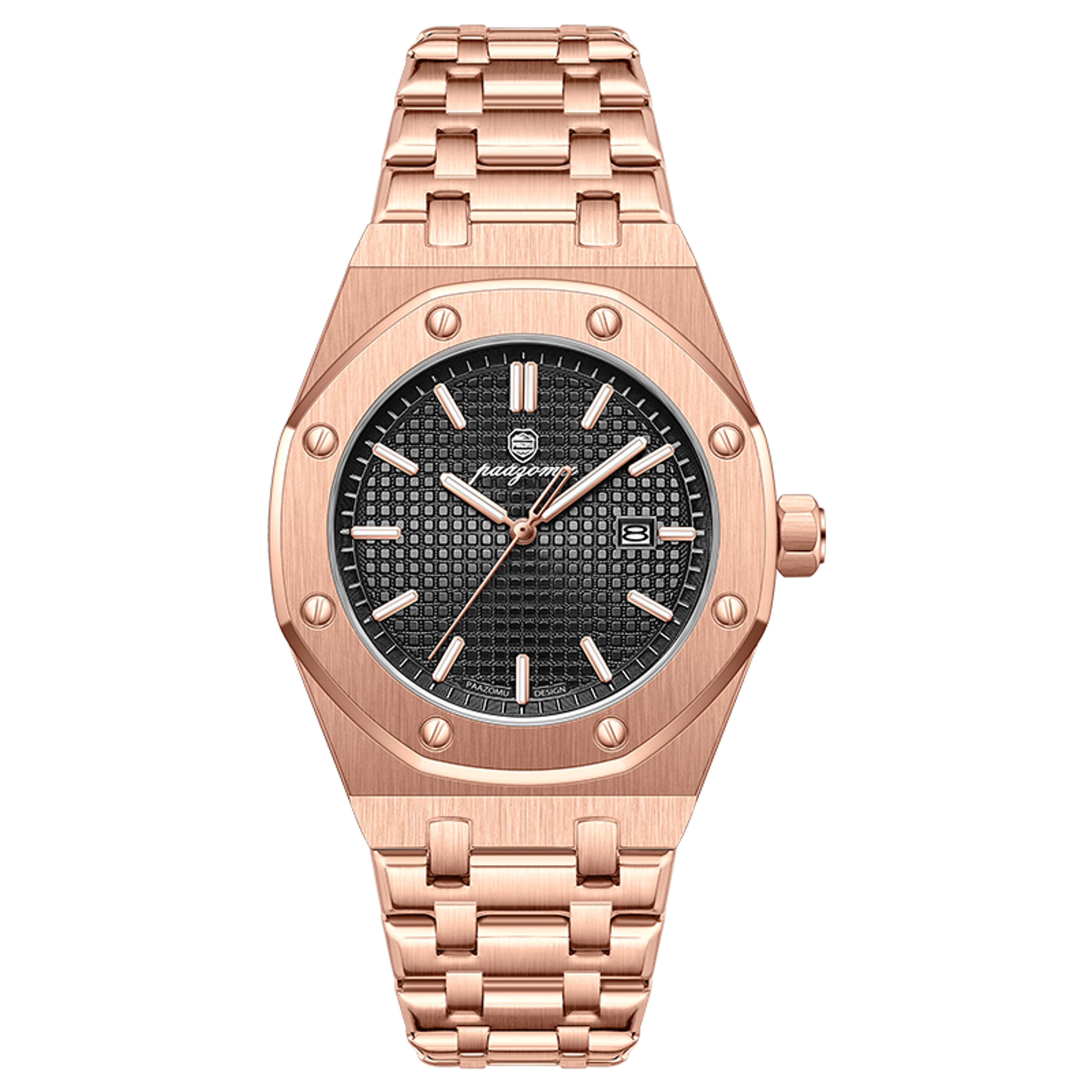 luxury square mens quartz watch with luminous date and stainless steel bracelet