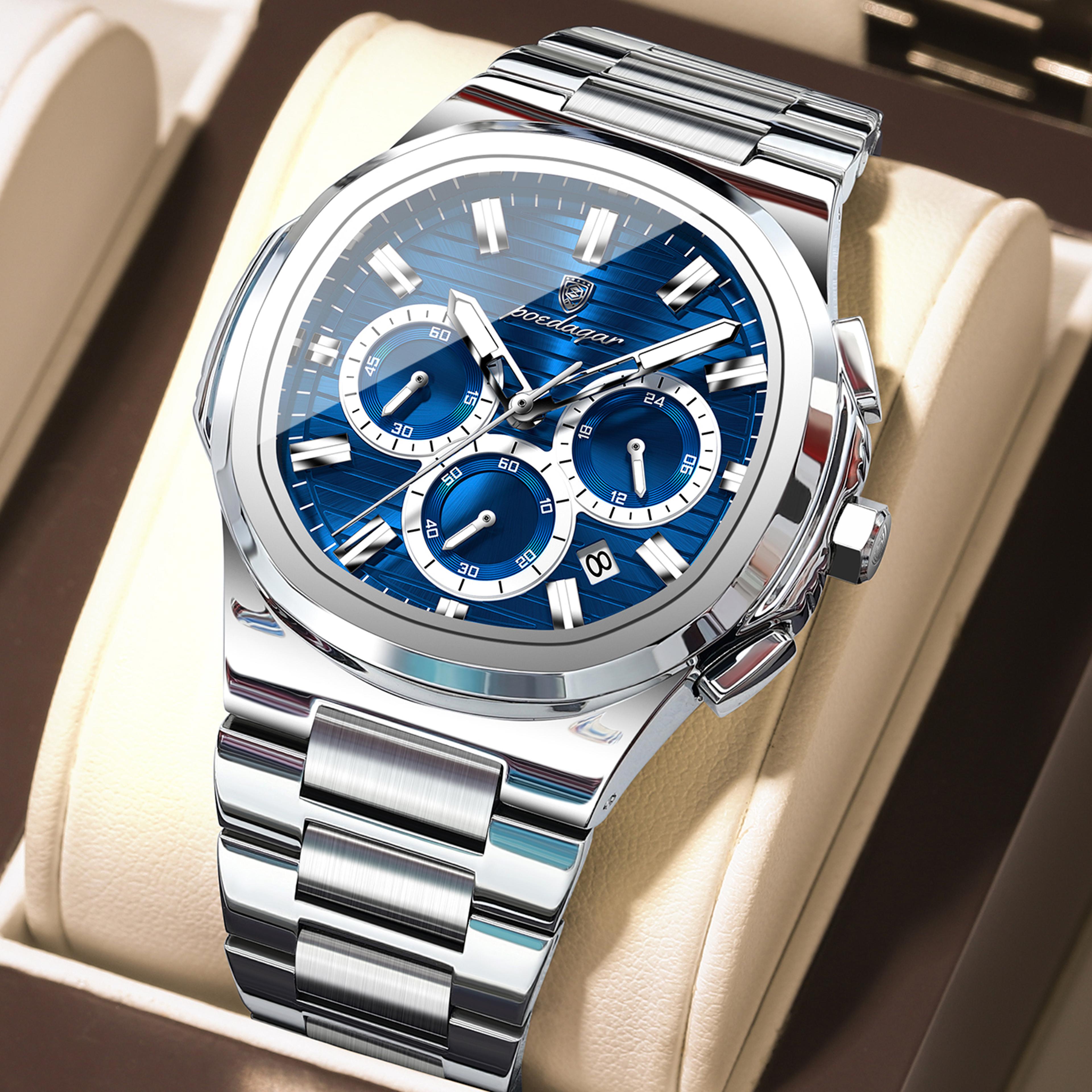 mens chronograph watch stainless steel waterproof quartz business watch