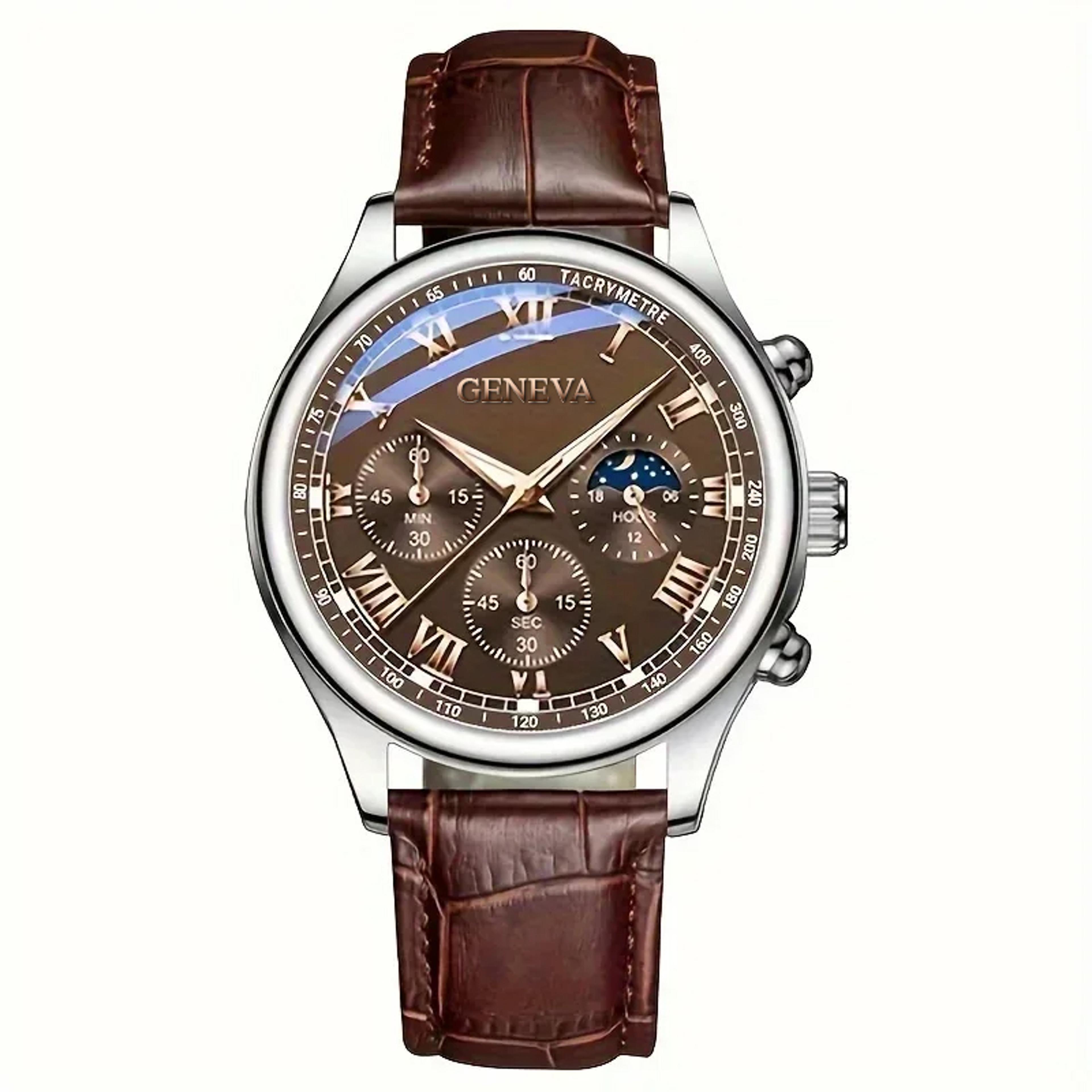 mens leather watch with analog quartz movement for business and casual wear