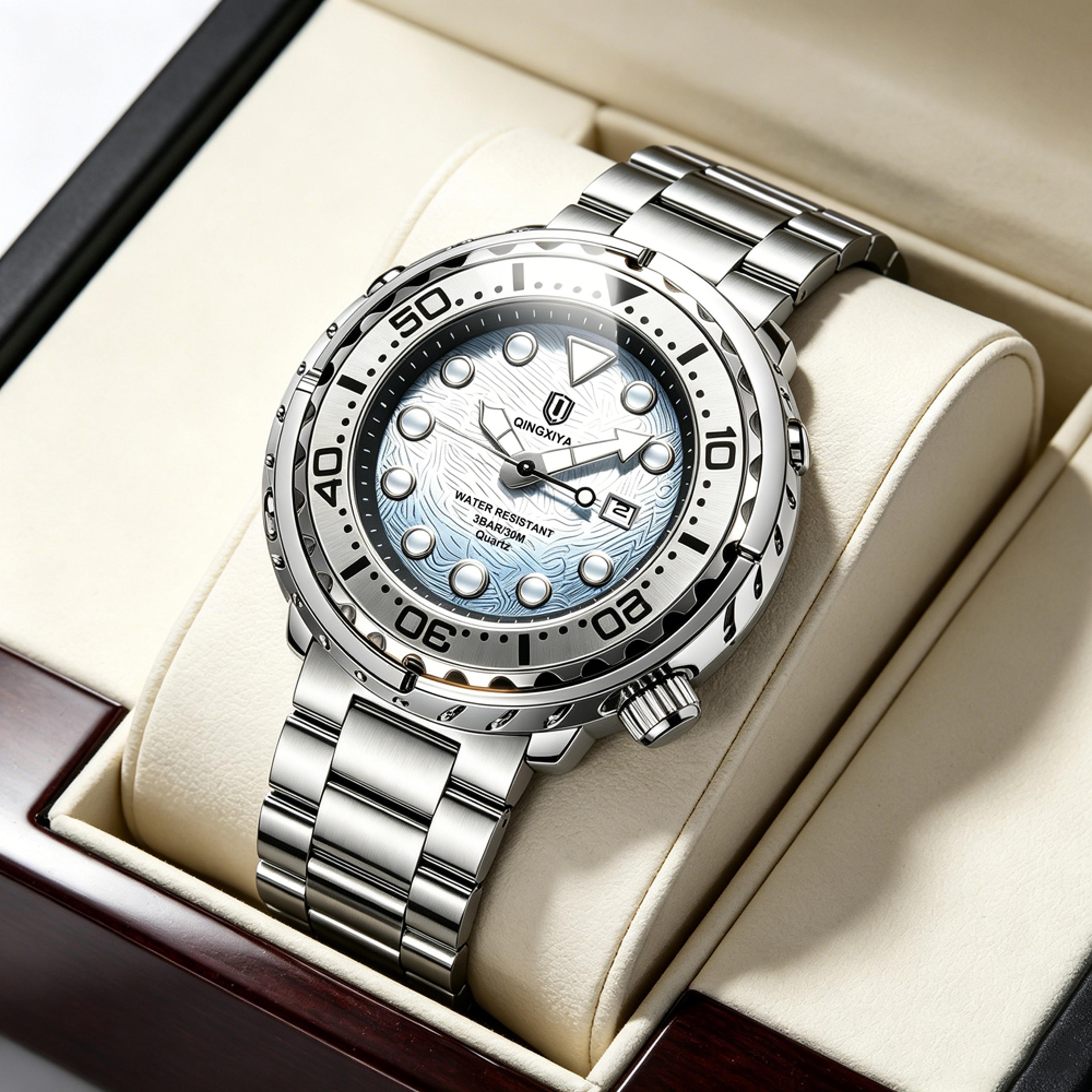 mens stainless steel waterproof luminous quartz calendar watch