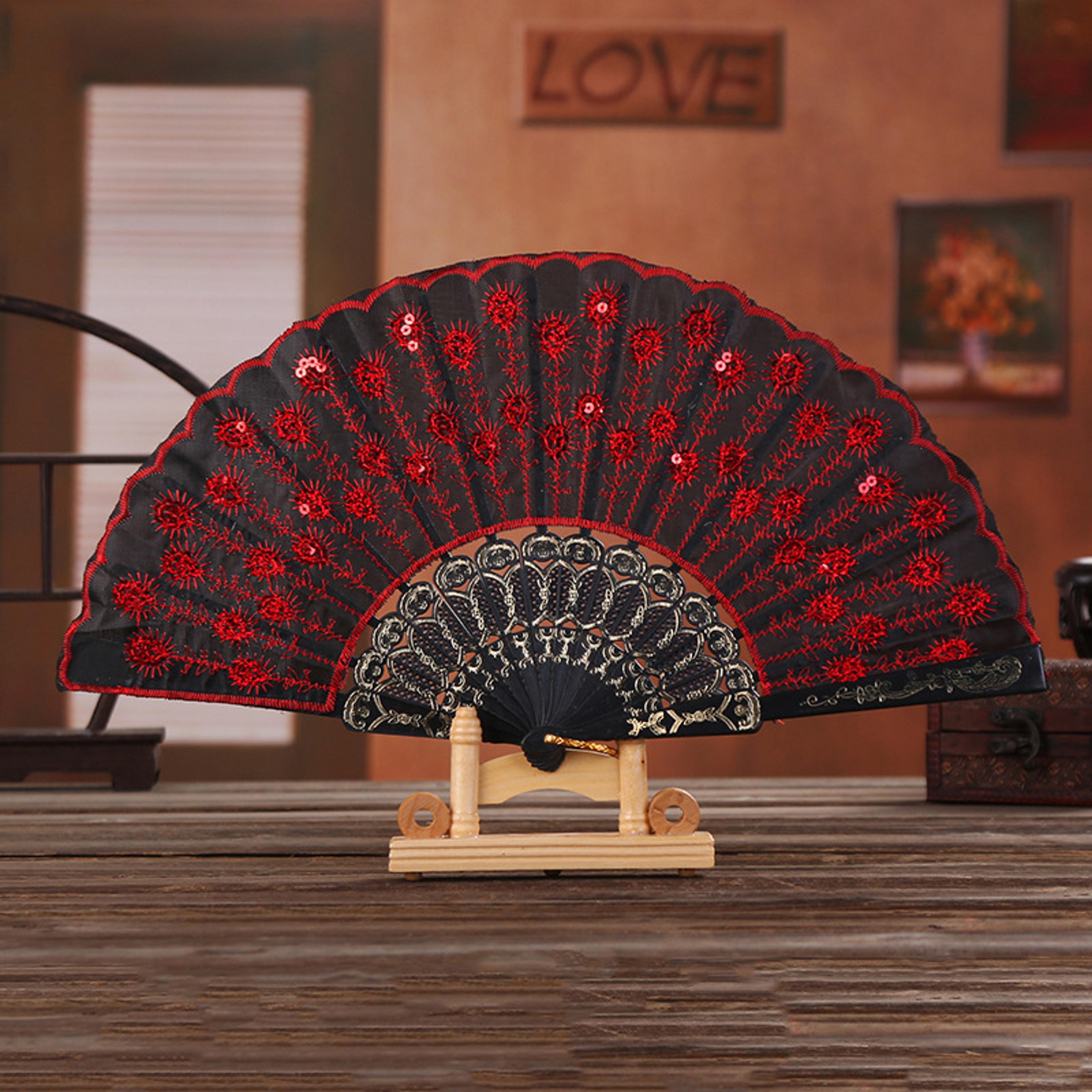 folding hand fan with sequin embroidery for wedding dance and party