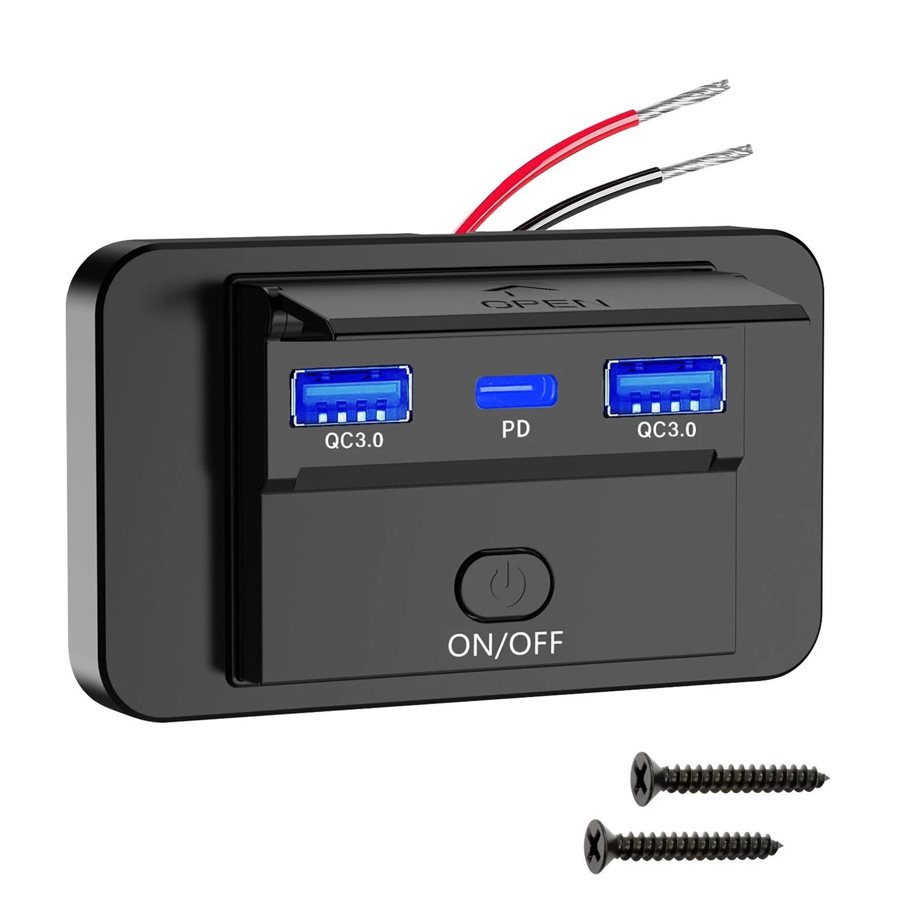 usb car outlet, fast charger, dual usb, pd port with on-off switch