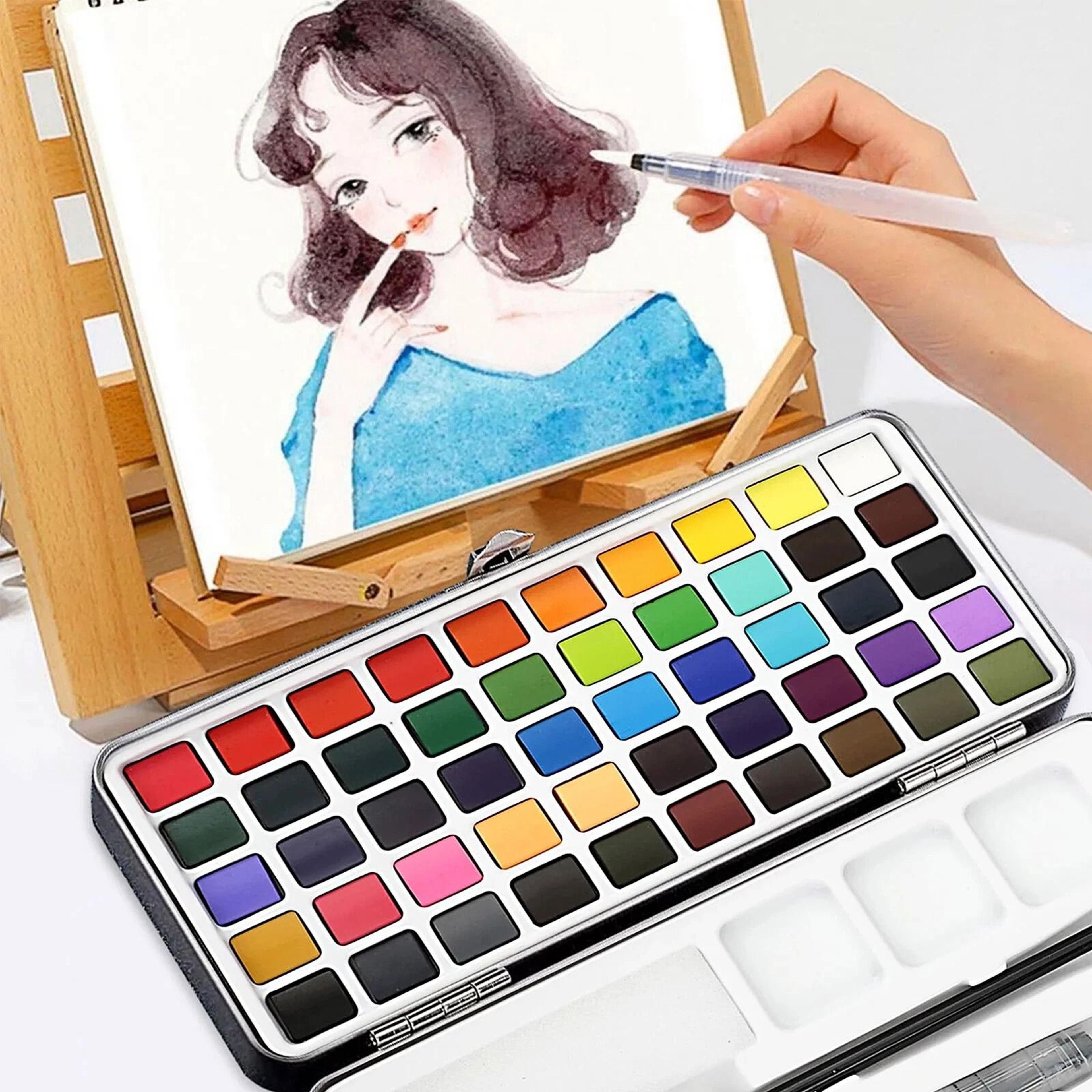 travel watercolor paint set, art supplies gift with brushes, color set in metal box