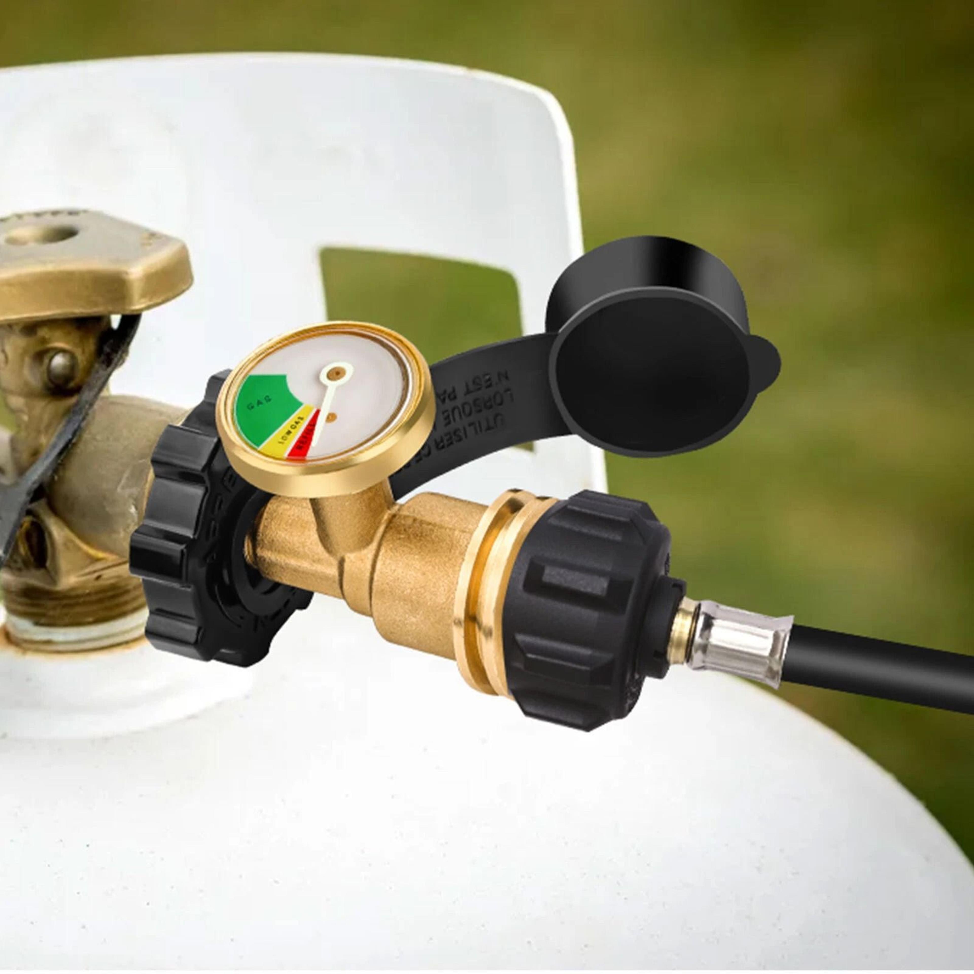 universal propane tank gas gauge with built-in pressure meter, heavy-duty brass construction for safe transfer
