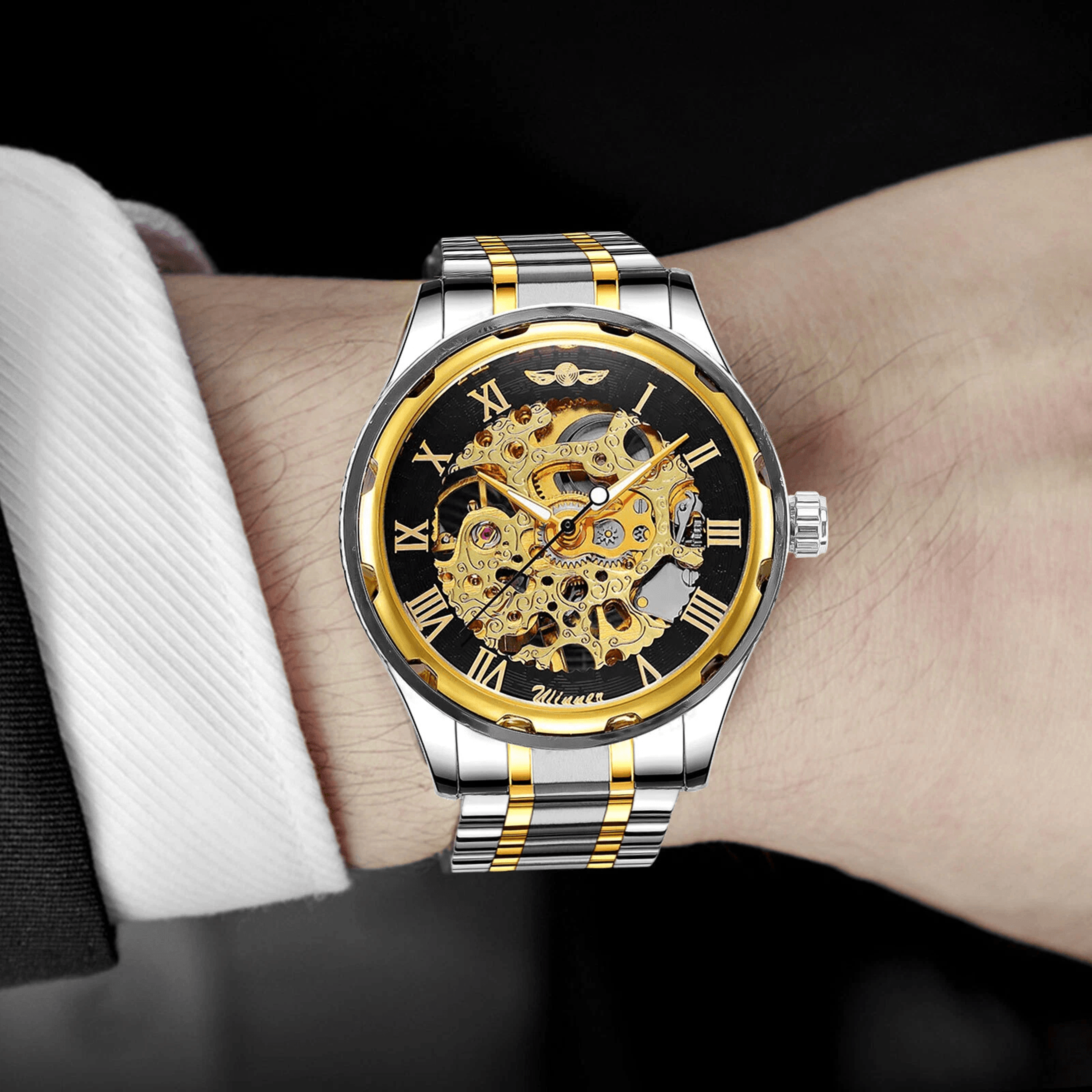 stainless steel skeleton men gold tone luminous automatic mechanical wristwatch