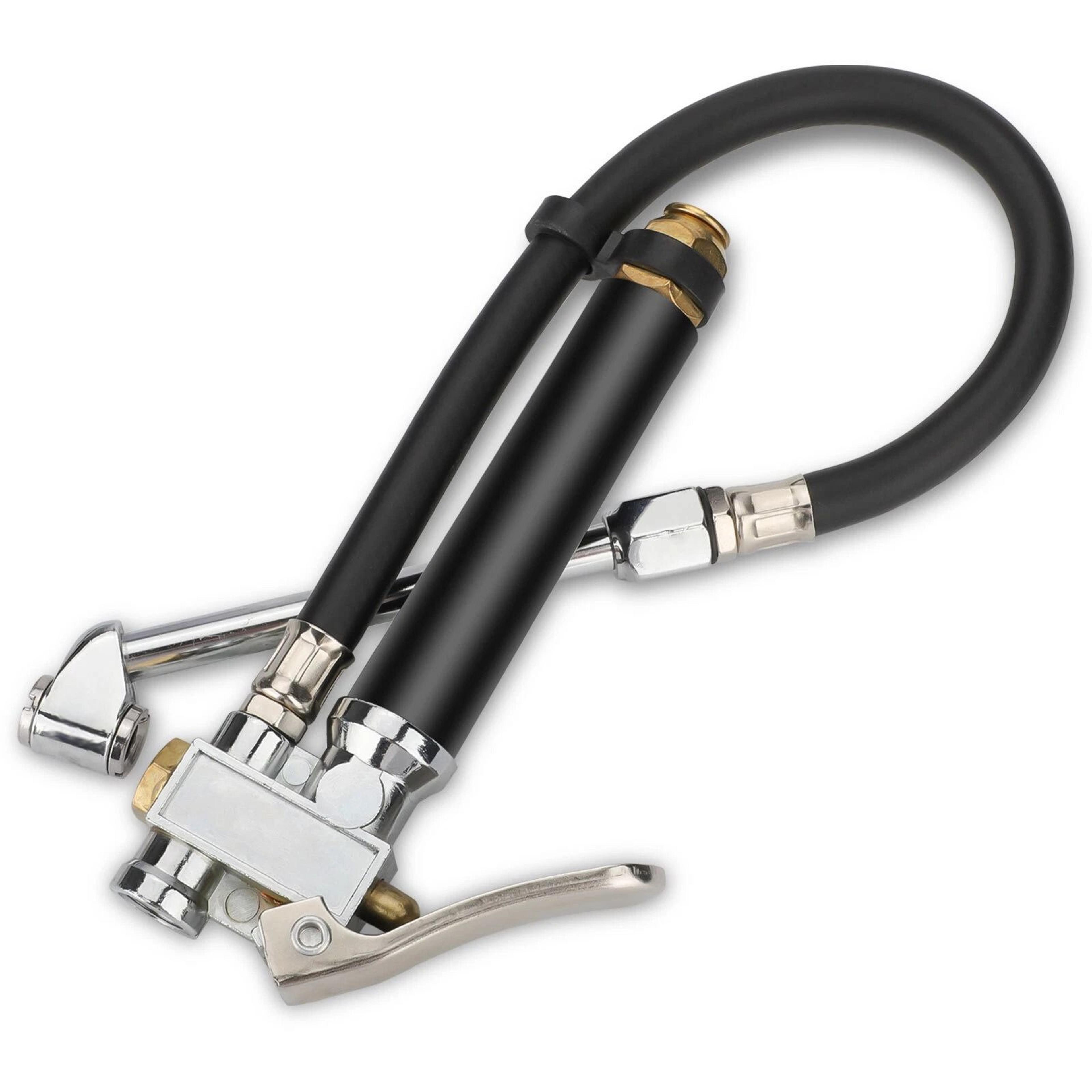 heavy-duty air tire inflator, dual head chuck, pressure gauge with rubber hose