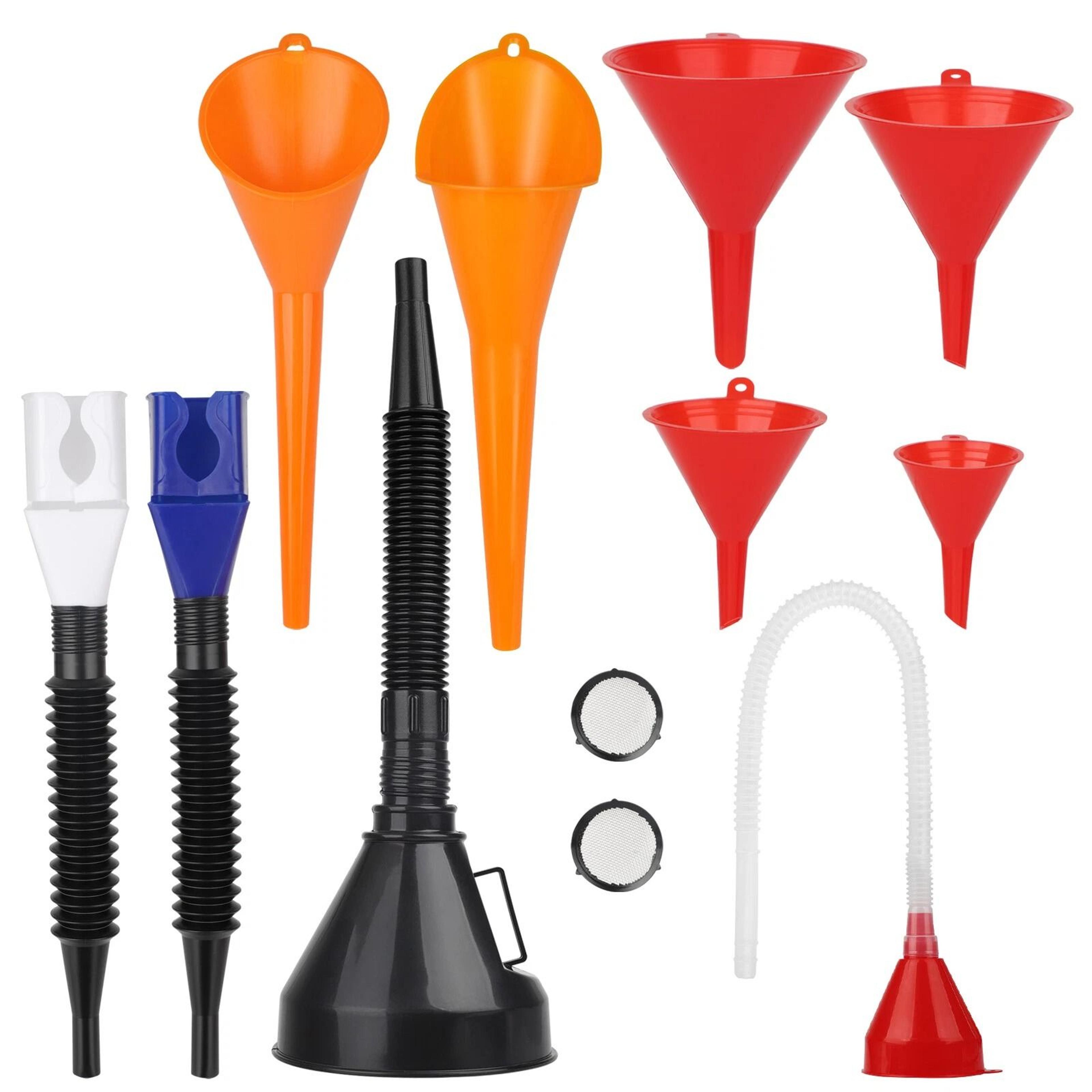 automotive funnel set for coolant, gasoline, water & engine oil - reusable set