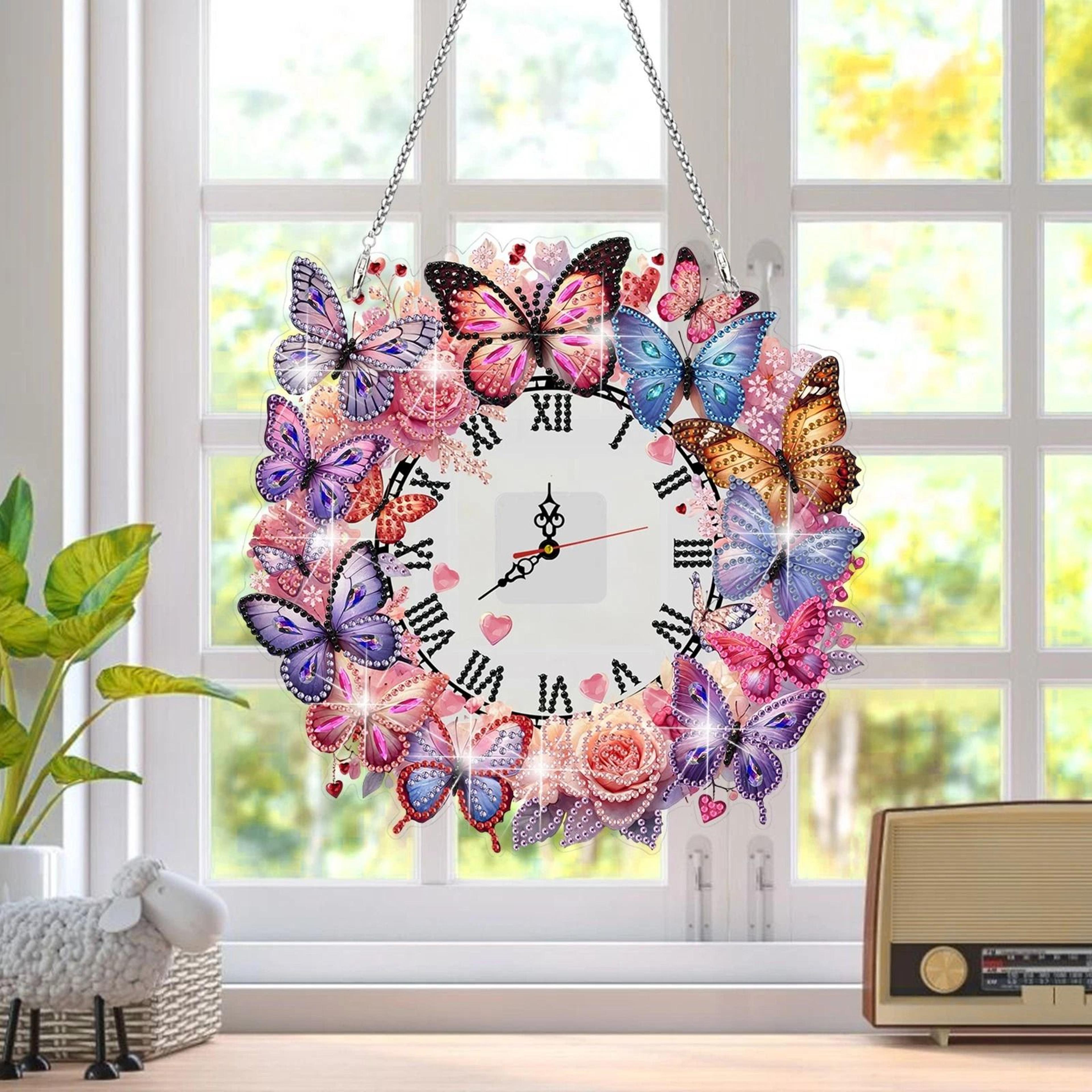 diy diamond painting clock pendant kit – butterfly & flower acrylic hanging art