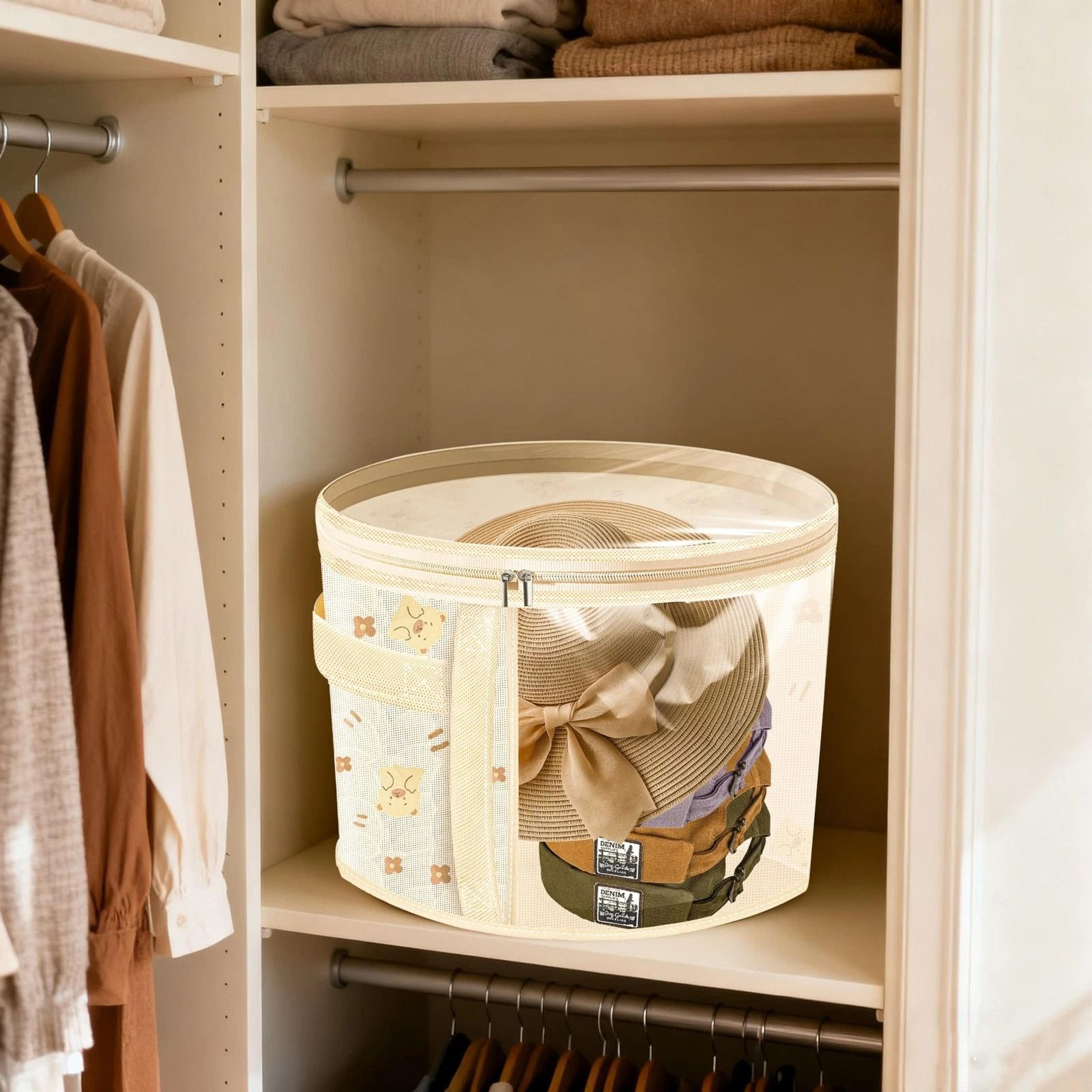 round hat storage box with clear window – non-woven fabric organizer with zipper for hats, scarves & more