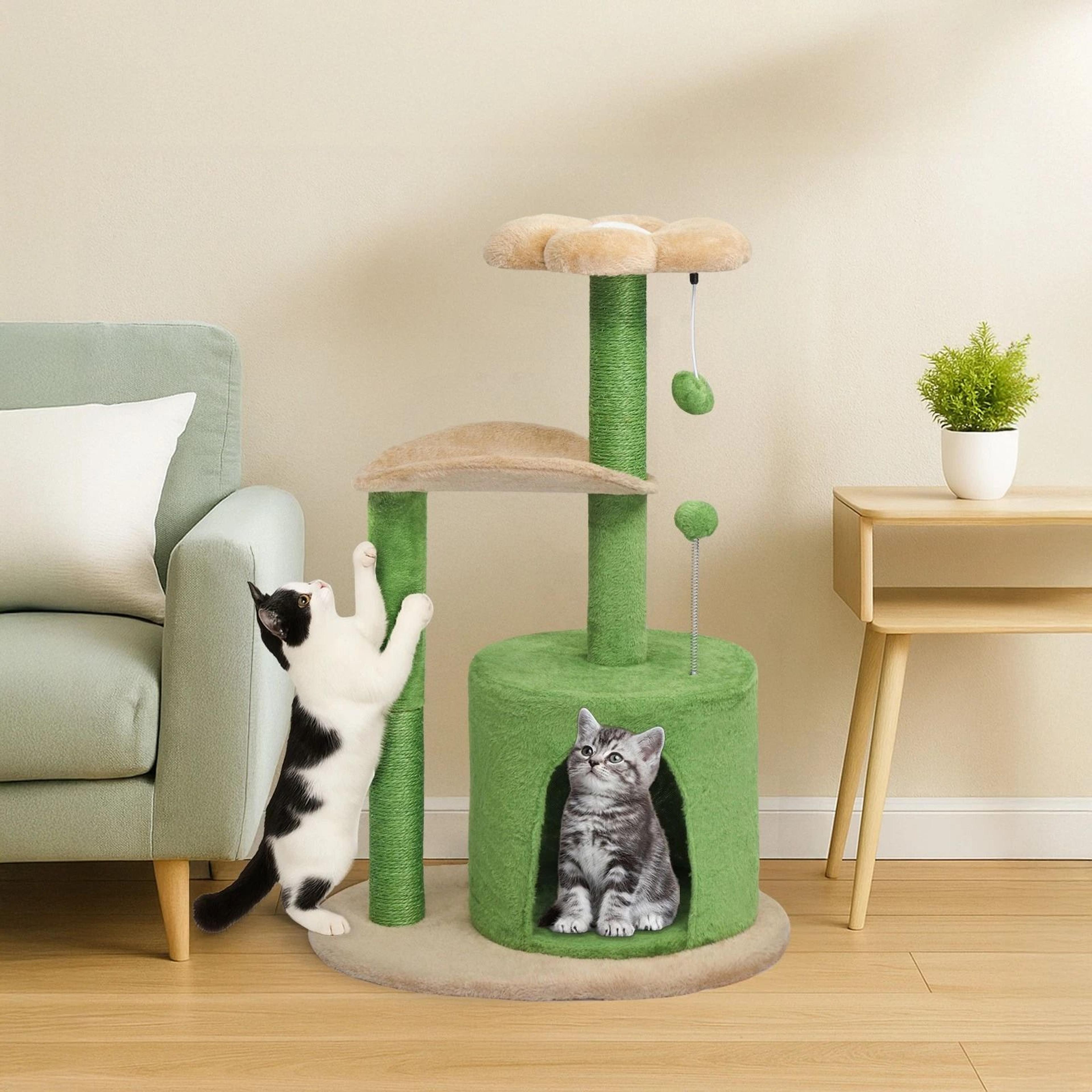 multi-level indoor cat tree tower with scratching post & toy ball