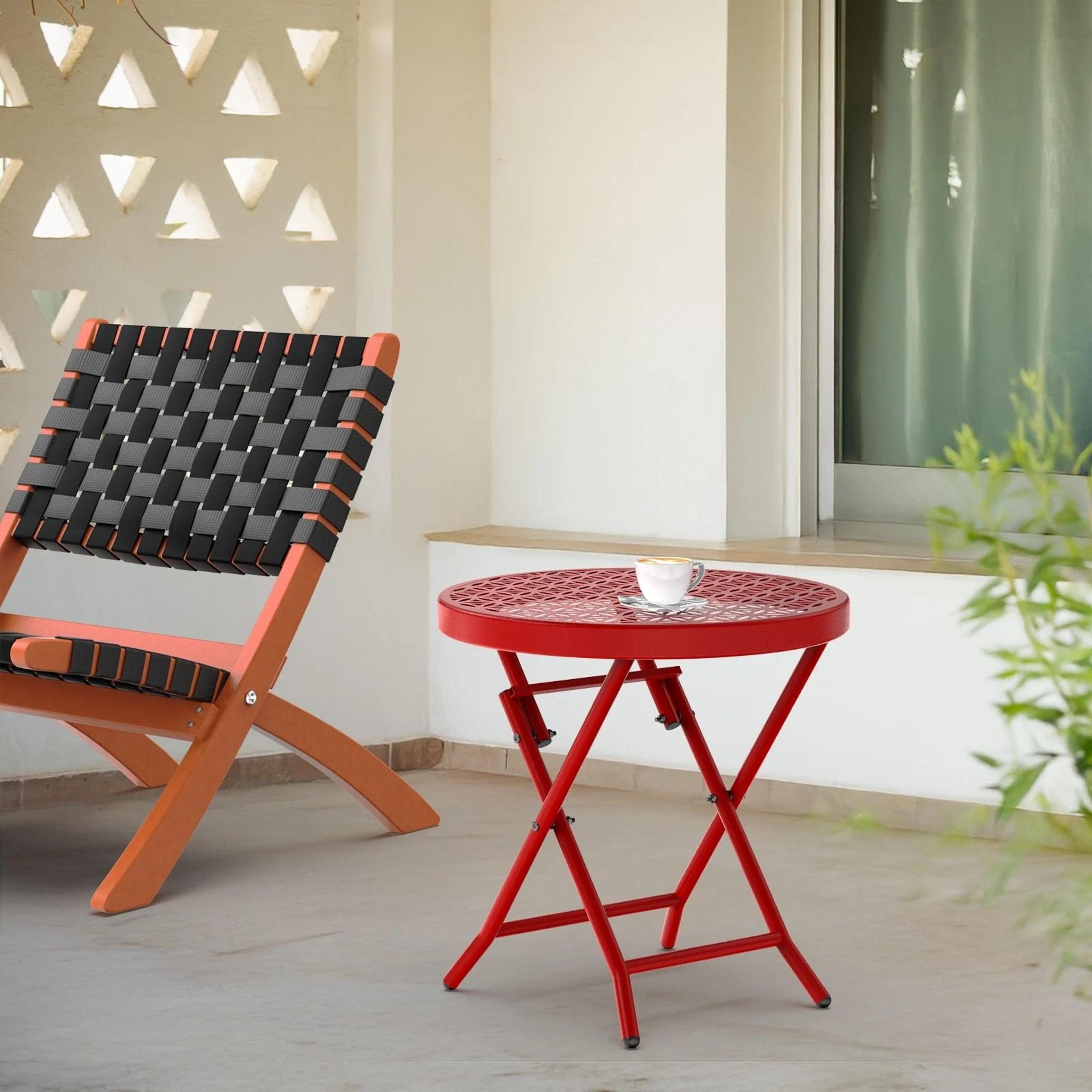 sturdy red folding patio table for outdoor dining, garden side table