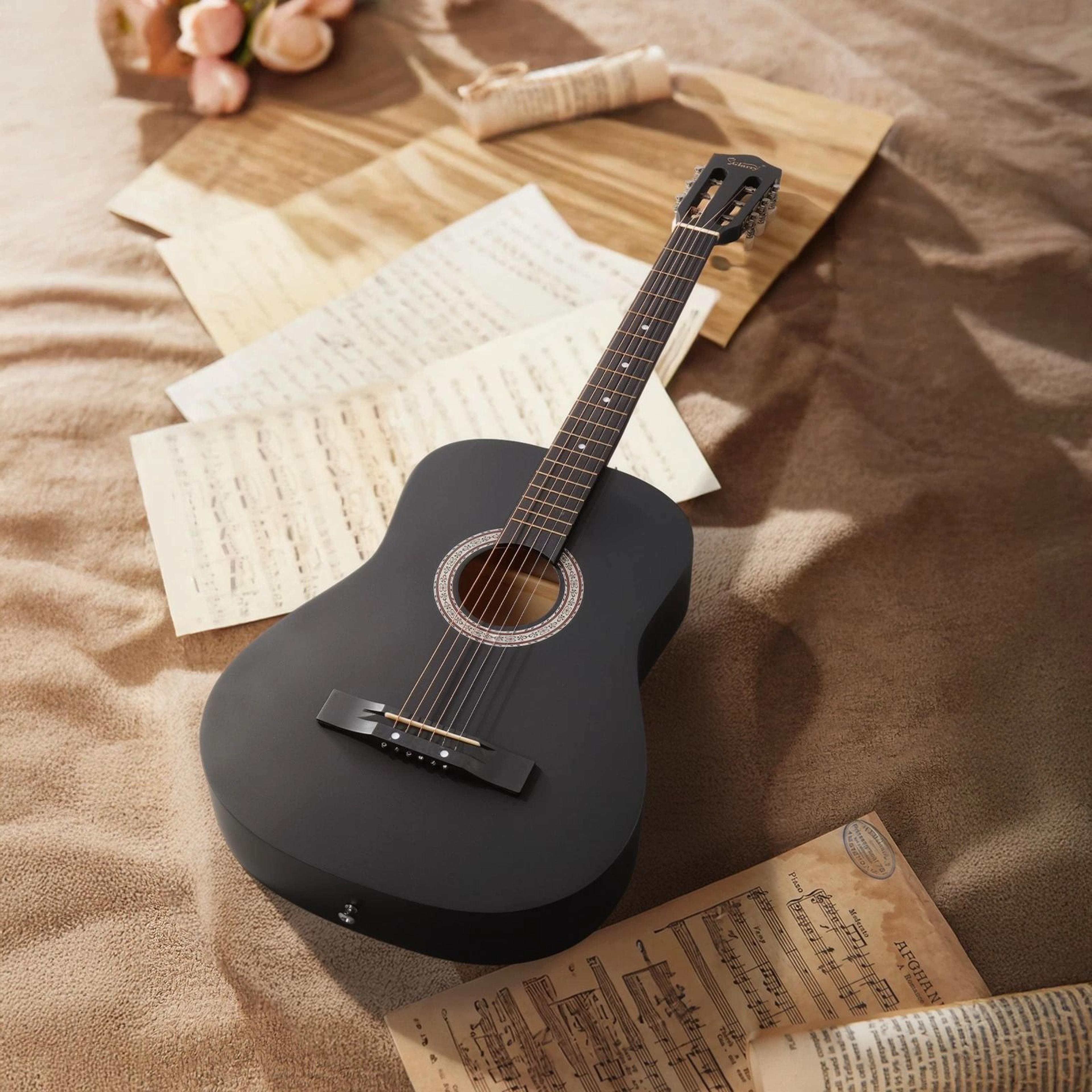 round acoustic guitar set, tuner, strings, and picks – perfect for beginners
