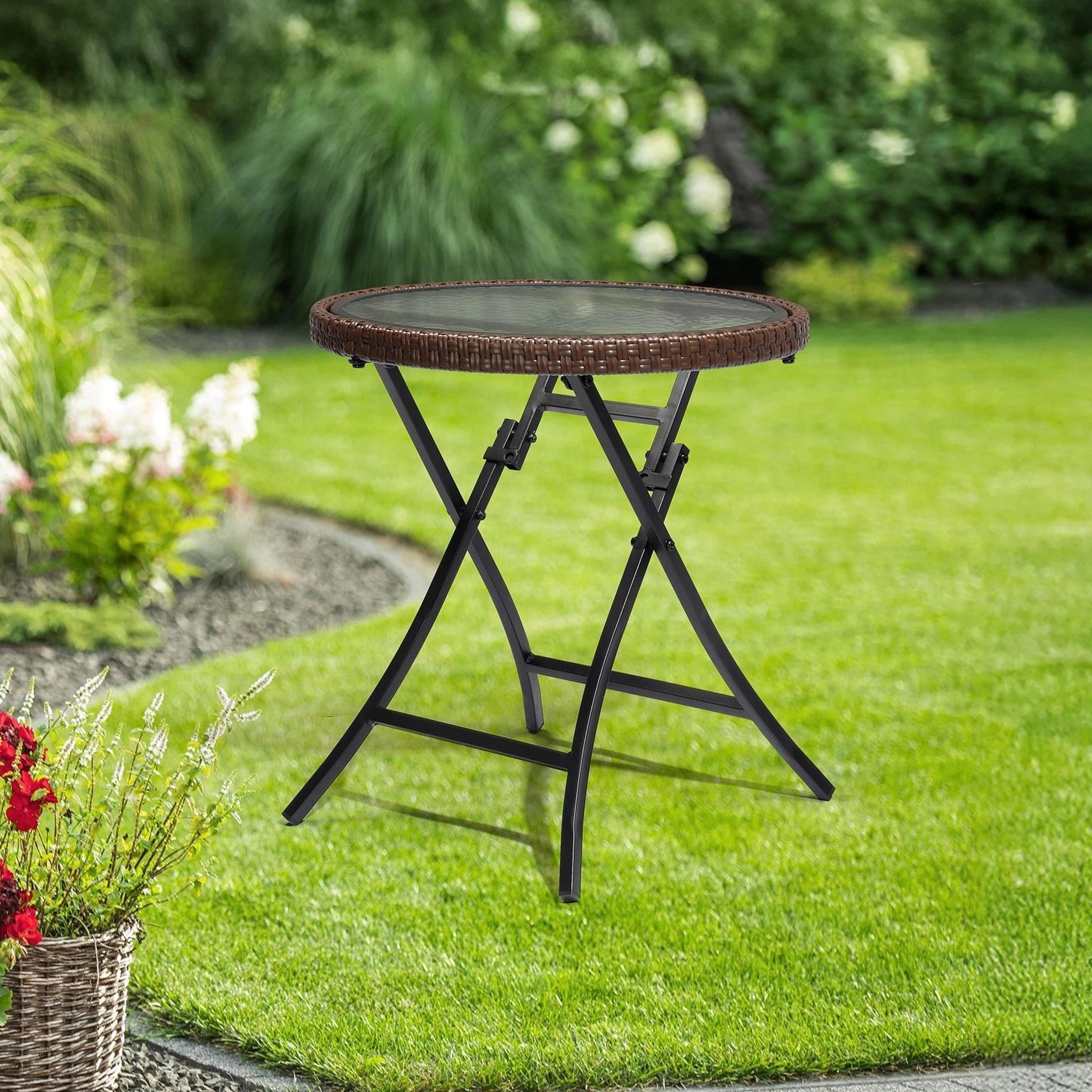 foldable round patio table – small wicker garden table for outdoor & indoor use