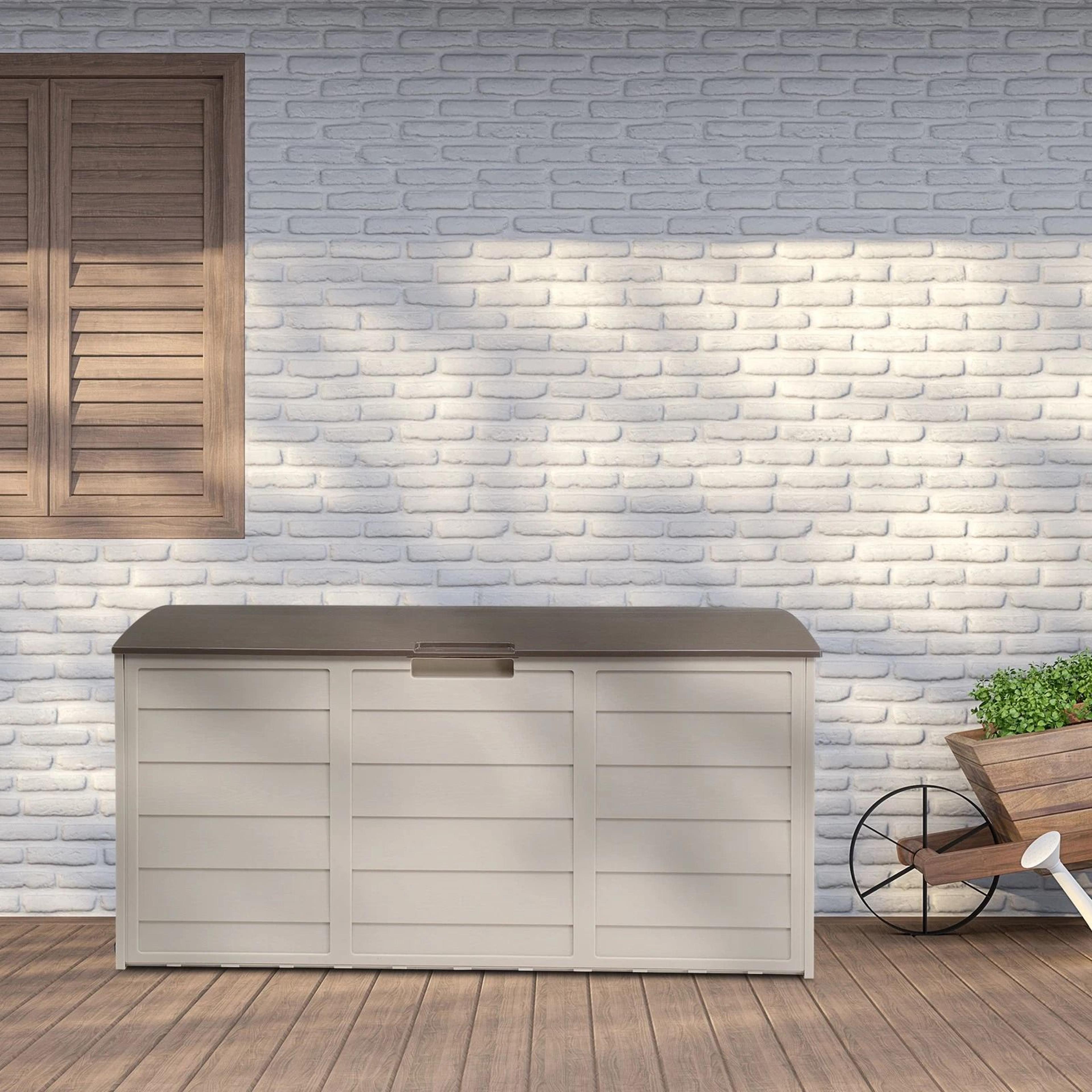 wood grain garden storage box with lockable lid