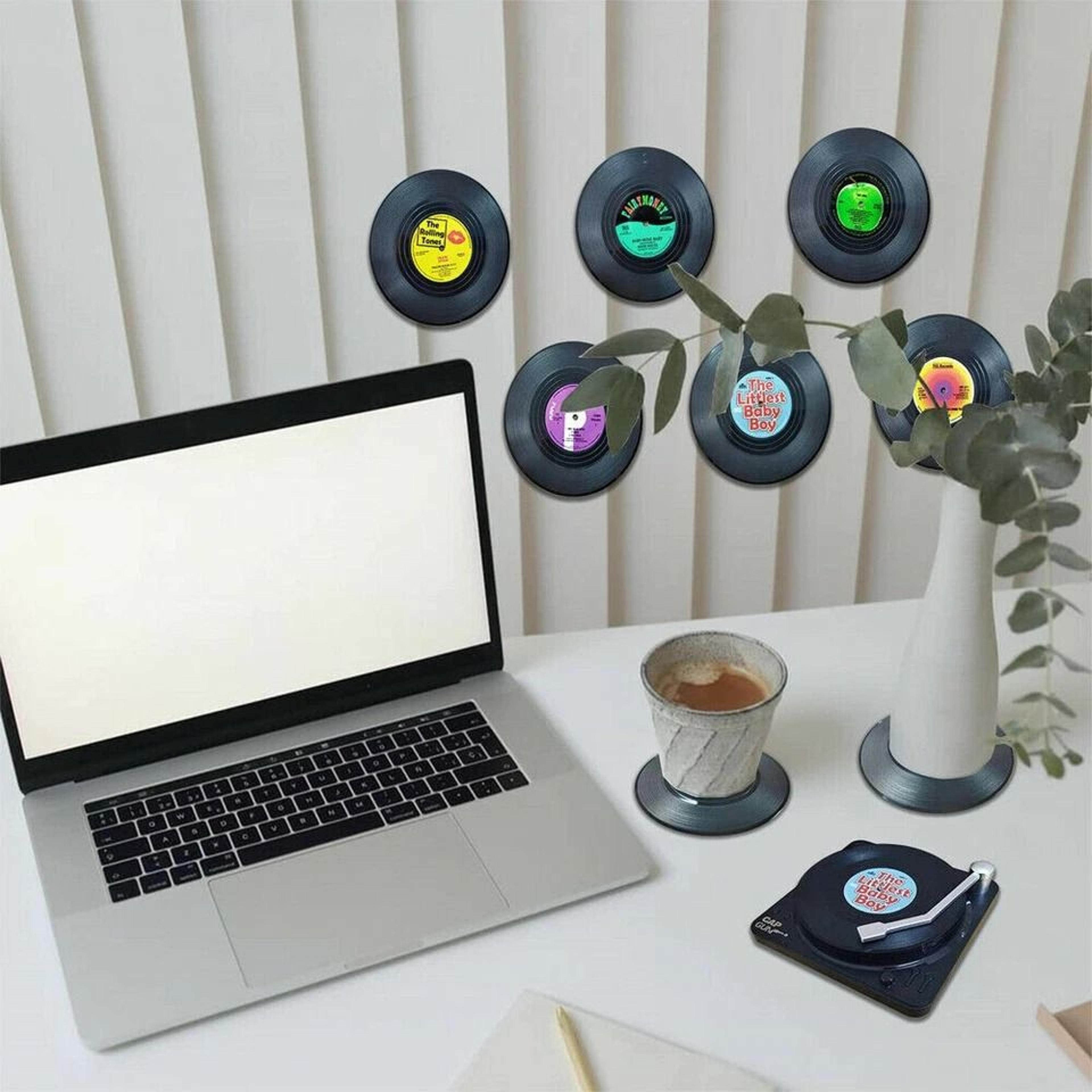 record coasters set – absorbent non-slip drink pad mat with holder, perfect for music lovers