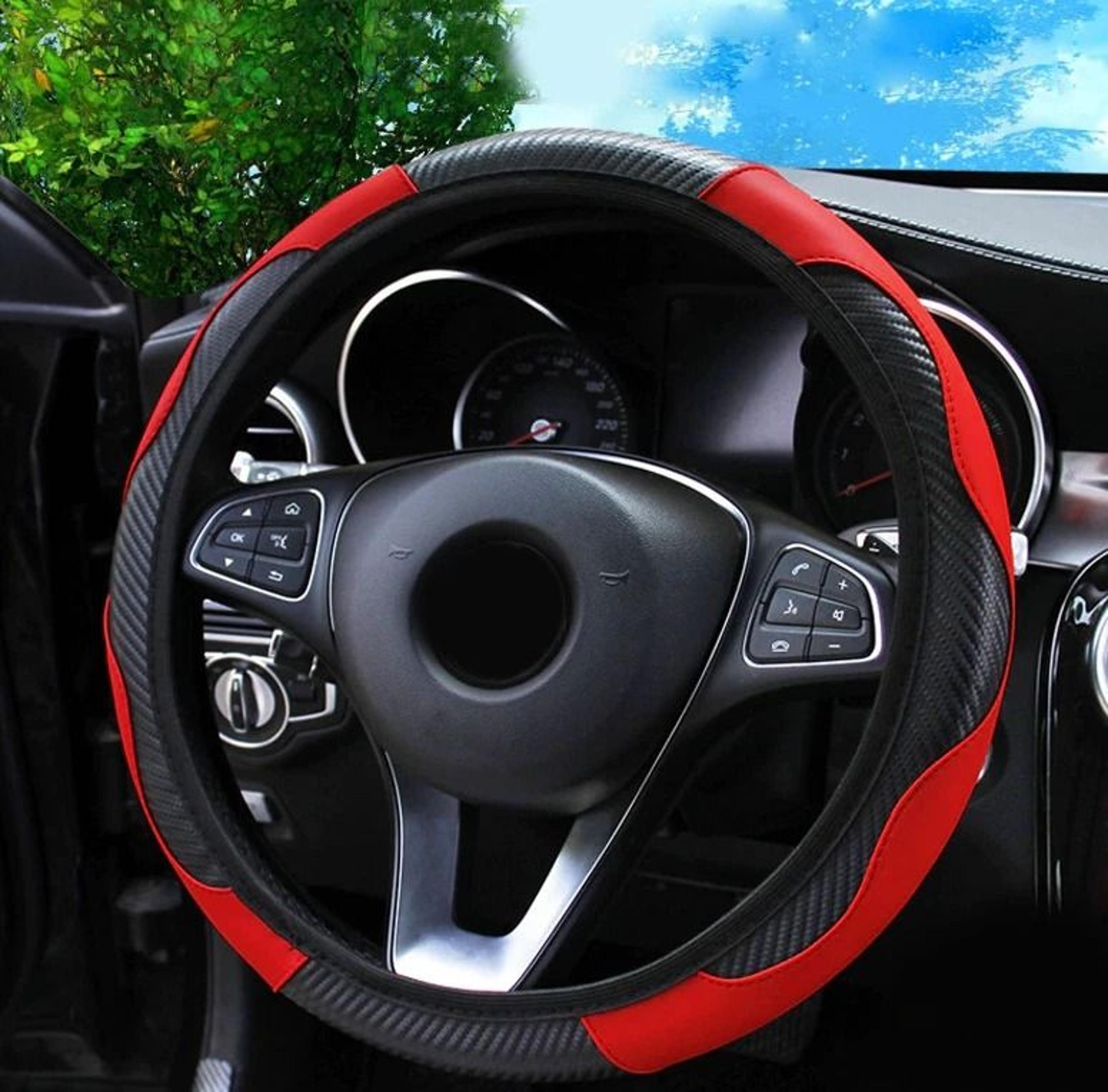 leather car steering wheel cover with anti-slip grip - carbon fiber