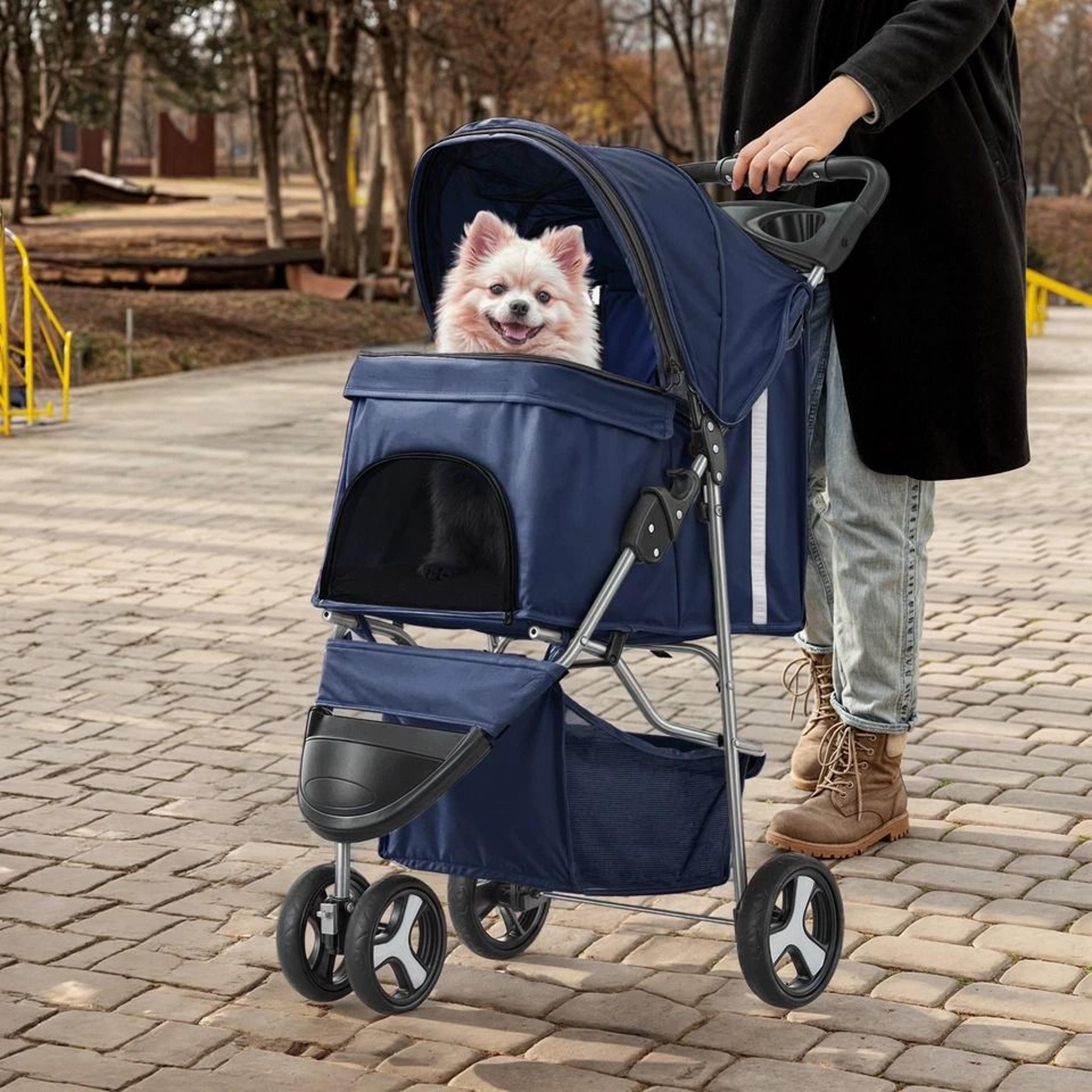 blue foldable pet stroller for small & medium dogs – portable carrier with sunshade