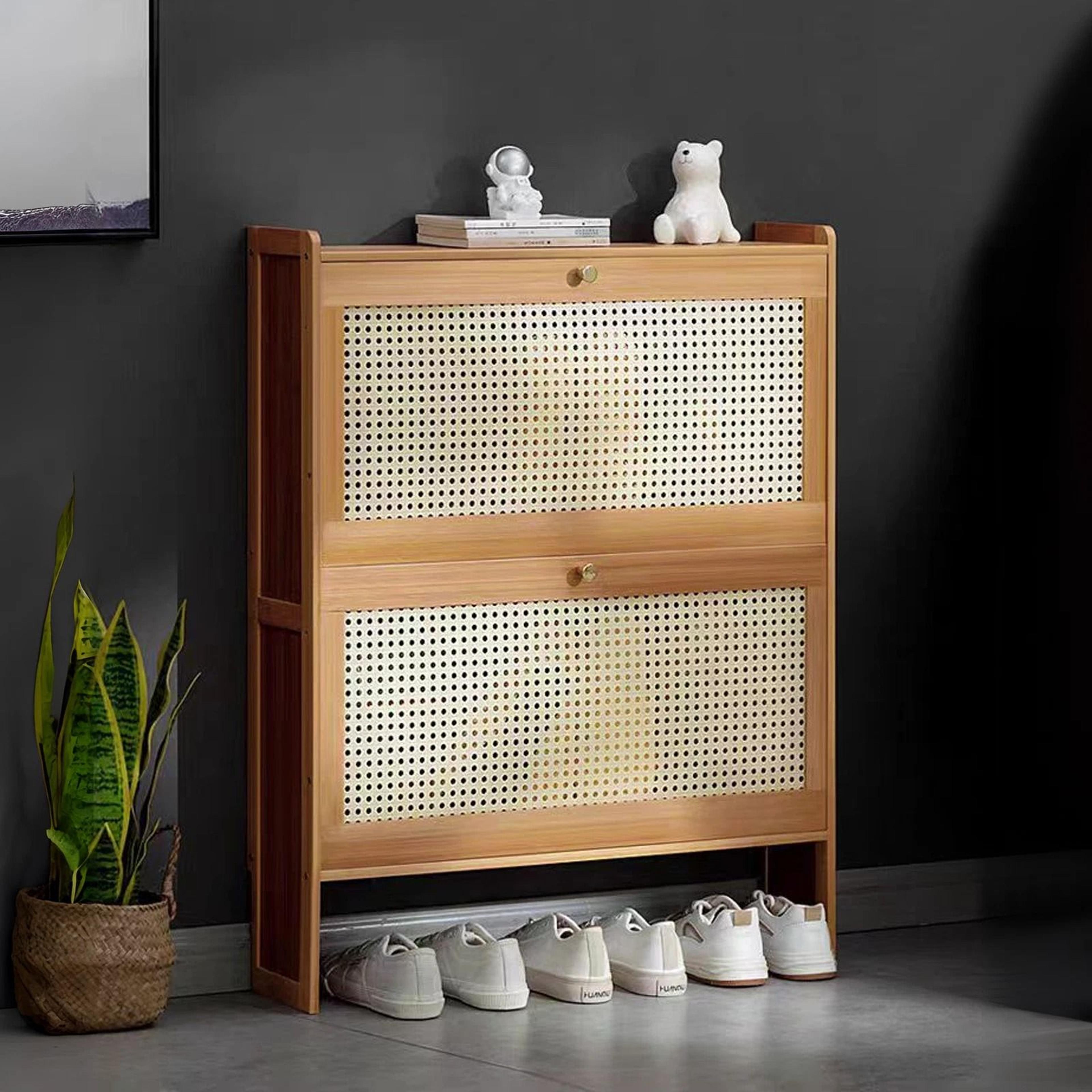 shoe storage bamboo organizer shelf – slim cabinet with flip door for efficient home organization