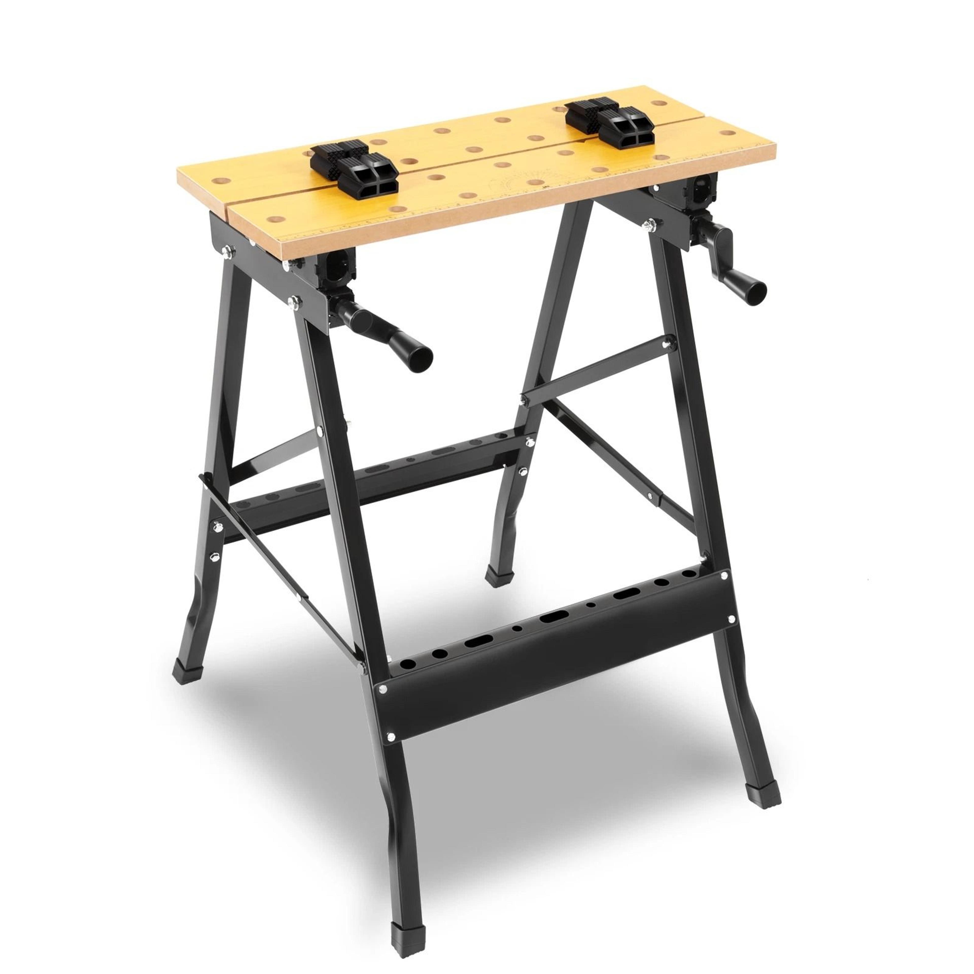 foldable work bench with adjustable wood top - portable & sturdy for workshop and home use