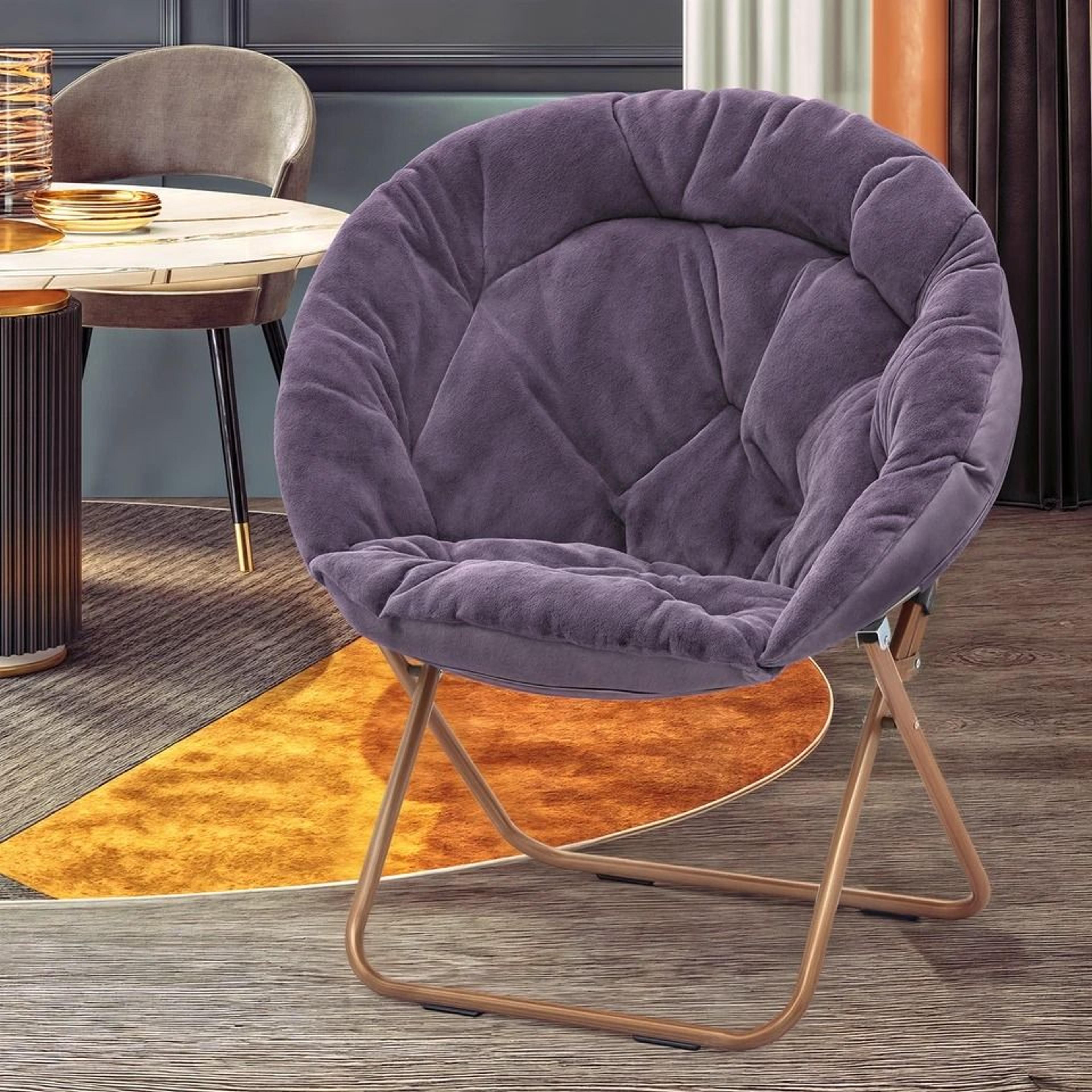 folding saucer chair with faux fur padded seat & metal frame