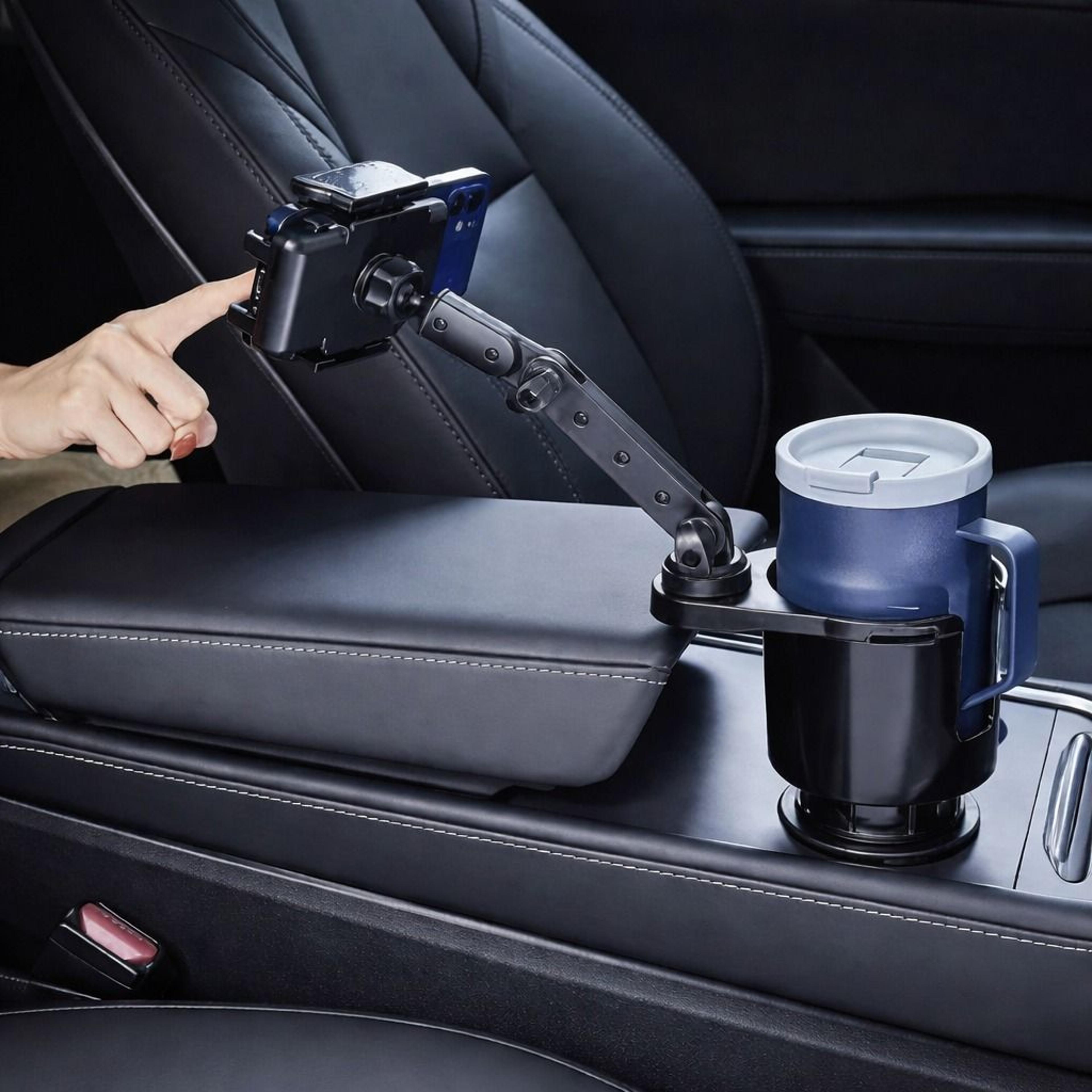 car cup holder & phone mount expander adapter – adjustable for large bottles & smartphones