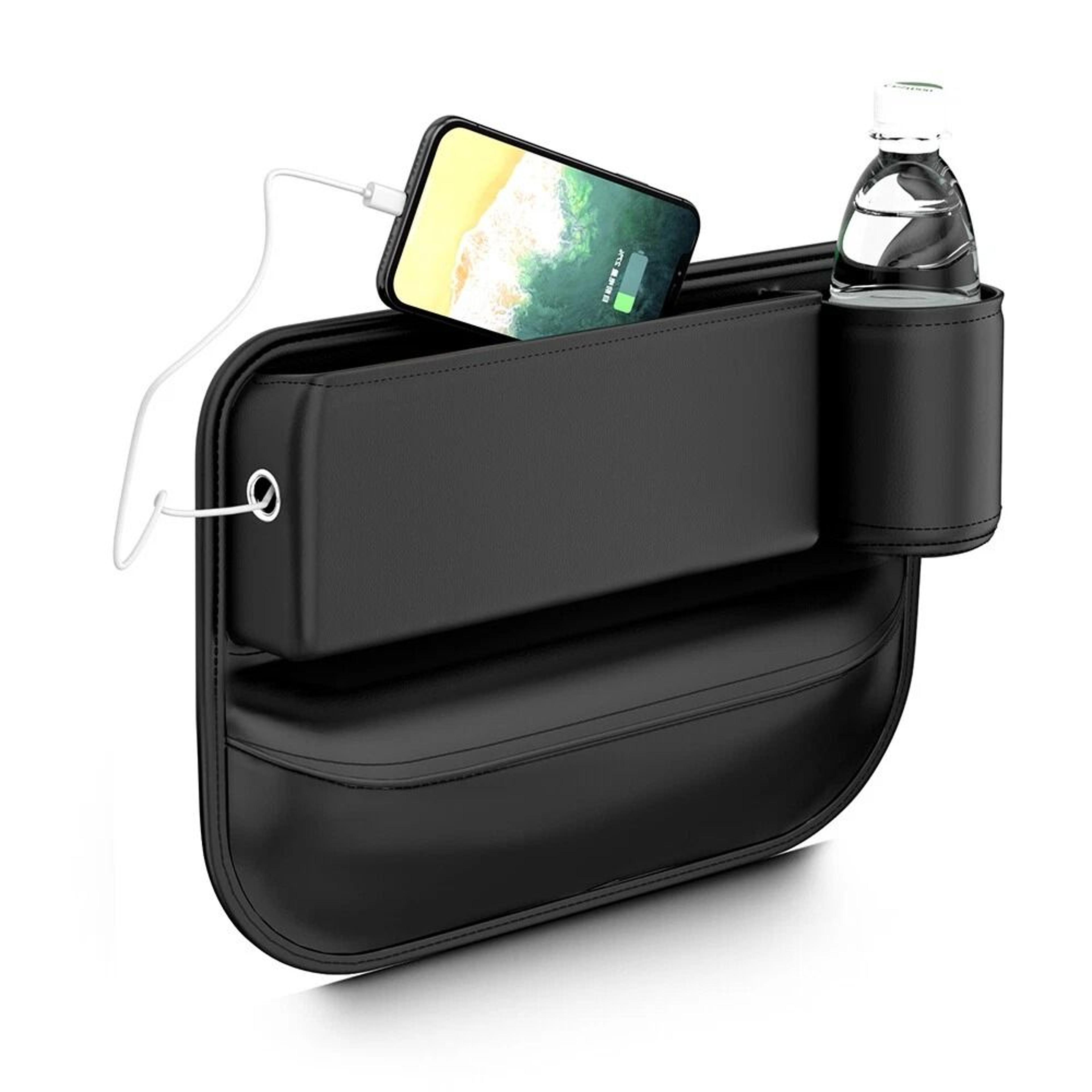 leather car seat gap filler organizer with cup holder & storage bag