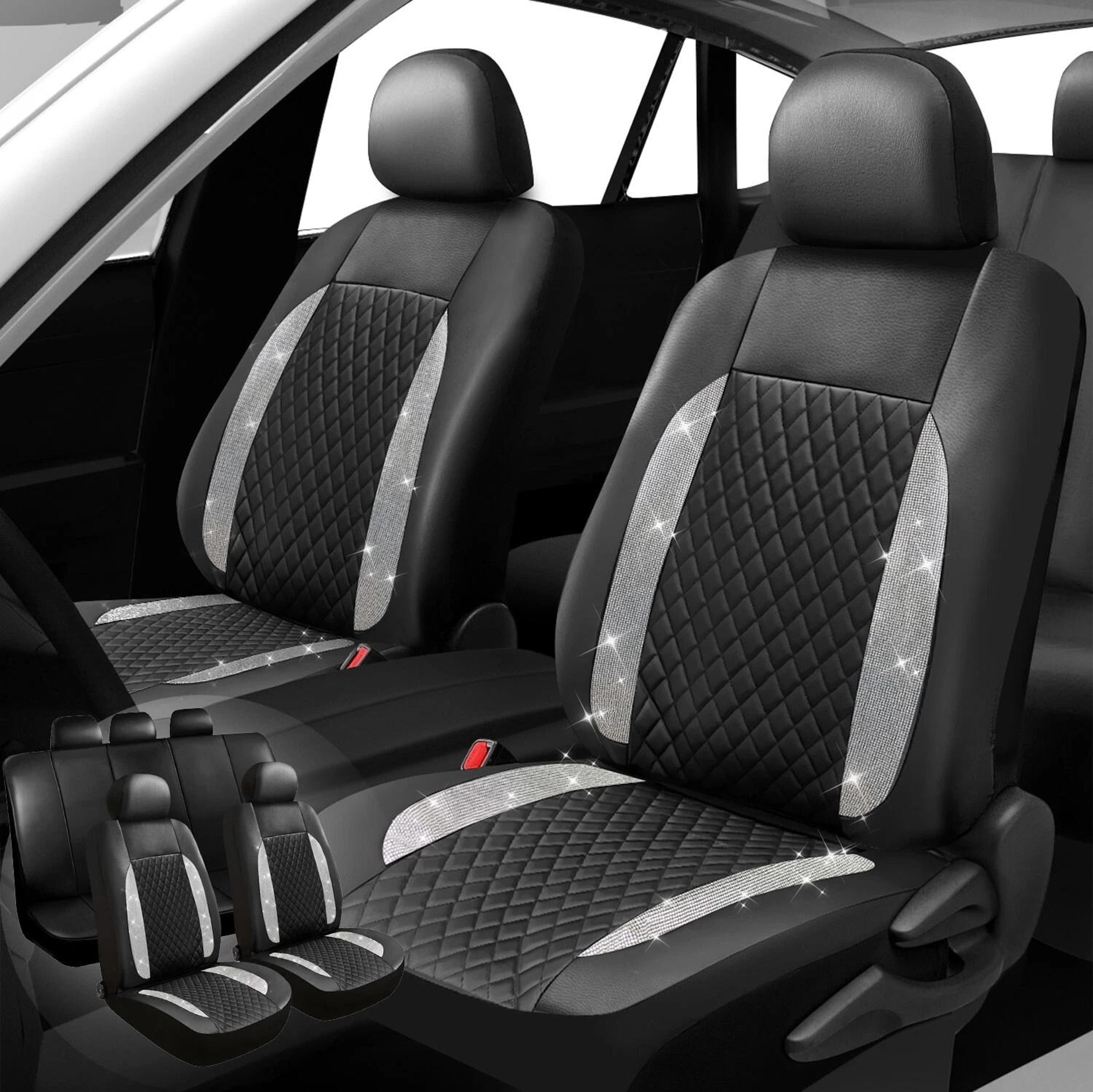 leather bling car seat covers full set - premium rhinestone seat covers for women vehicles, breathable leather